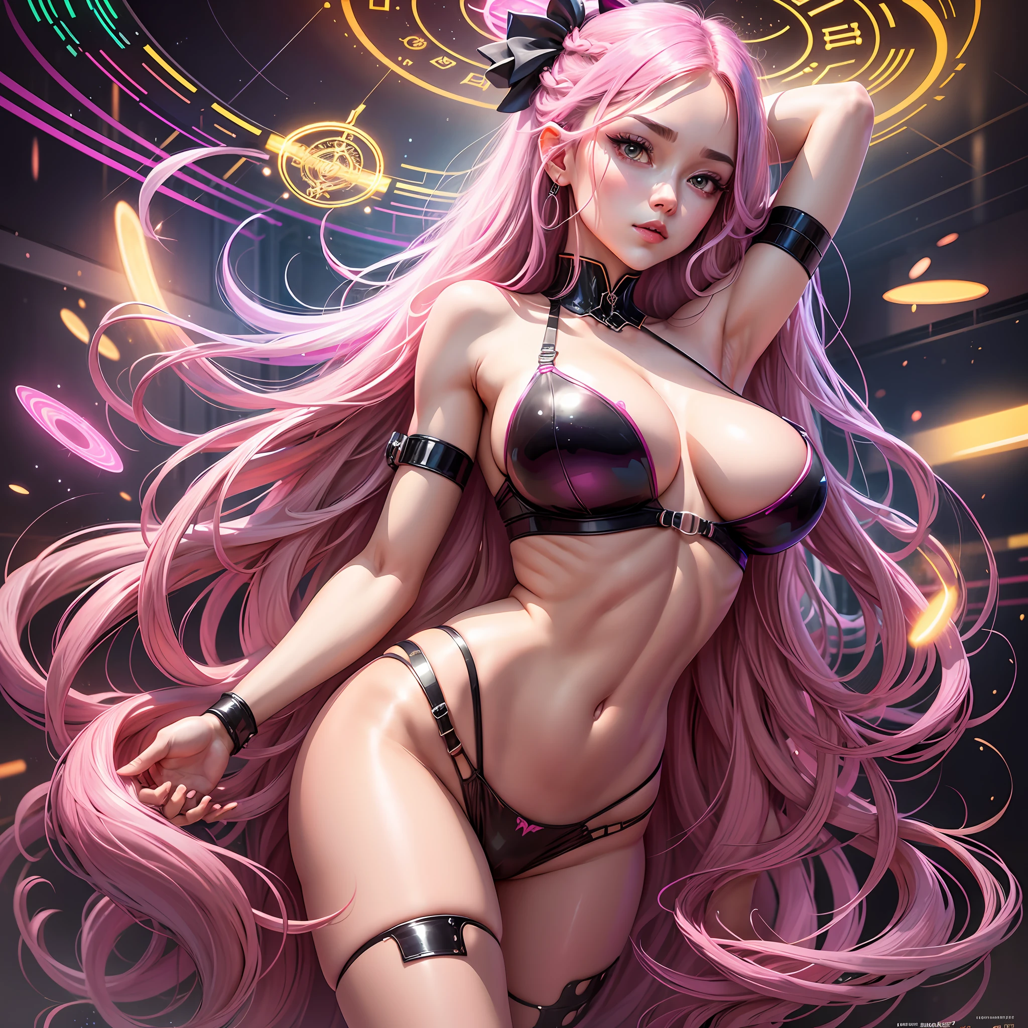 very cool beautiful lady, high leg thong red sexy see-through bra and panties, anime, manga, illustration, fantasy, white glossy flowing layered wavy long hair, french braid, sparkling glossy pink big eyes, huge breasts, abs, slender, full body, Master of Magic, Effortlessly Releases Magic, background galaxy brilliant magic circle, give off rainbow and gold neon light many lines radially from floor and ceiling, high resolution, best quality, very high image quality, ultra detailed, hyper realistic --auto --s2