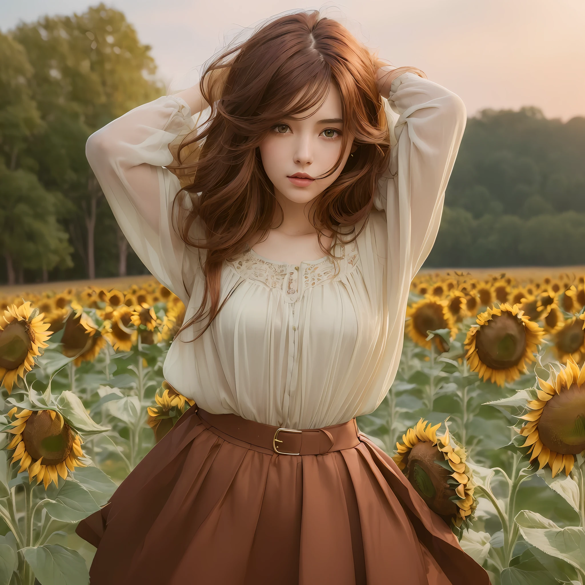 (high quality illustration,masterpiece,best quality),(attractive girl:1.5,dark ash red hair:1.3,cute brown eyes,attractive lips,beautiful blouse,long skirt),(holding hair,stylish pose:1.2),(field of sunflowers:1.2), looking at the camera, medium angel shot, extremely detailed image, hyper detailed face and body, 32K
