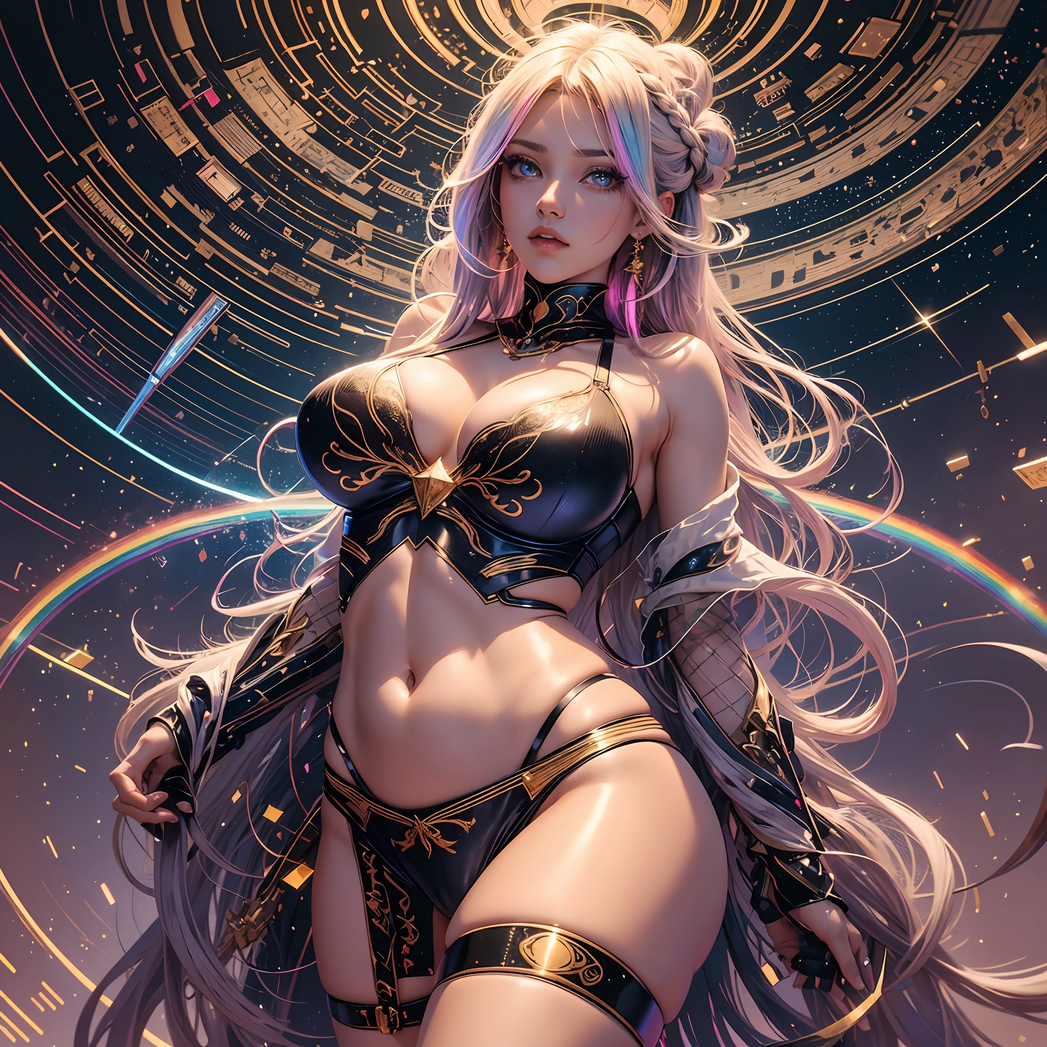 very cool beautiful lady, high leg thong sexy bra and panties, anime, manga, illustration, fantasy, white glossy flowing layered wavy long hair, french braid, sparkling glossy pink big eyes, huge breasts, abs, slender, full body, Master of Magic, Effortlessly Releases Magic, background galaxy brilliant magic circle, give off rainbow and gold neon light many lines radially from floor and ceiling, high resolution, best quality, very high image quality, ultra detailed, hyper realistic --auto --s2