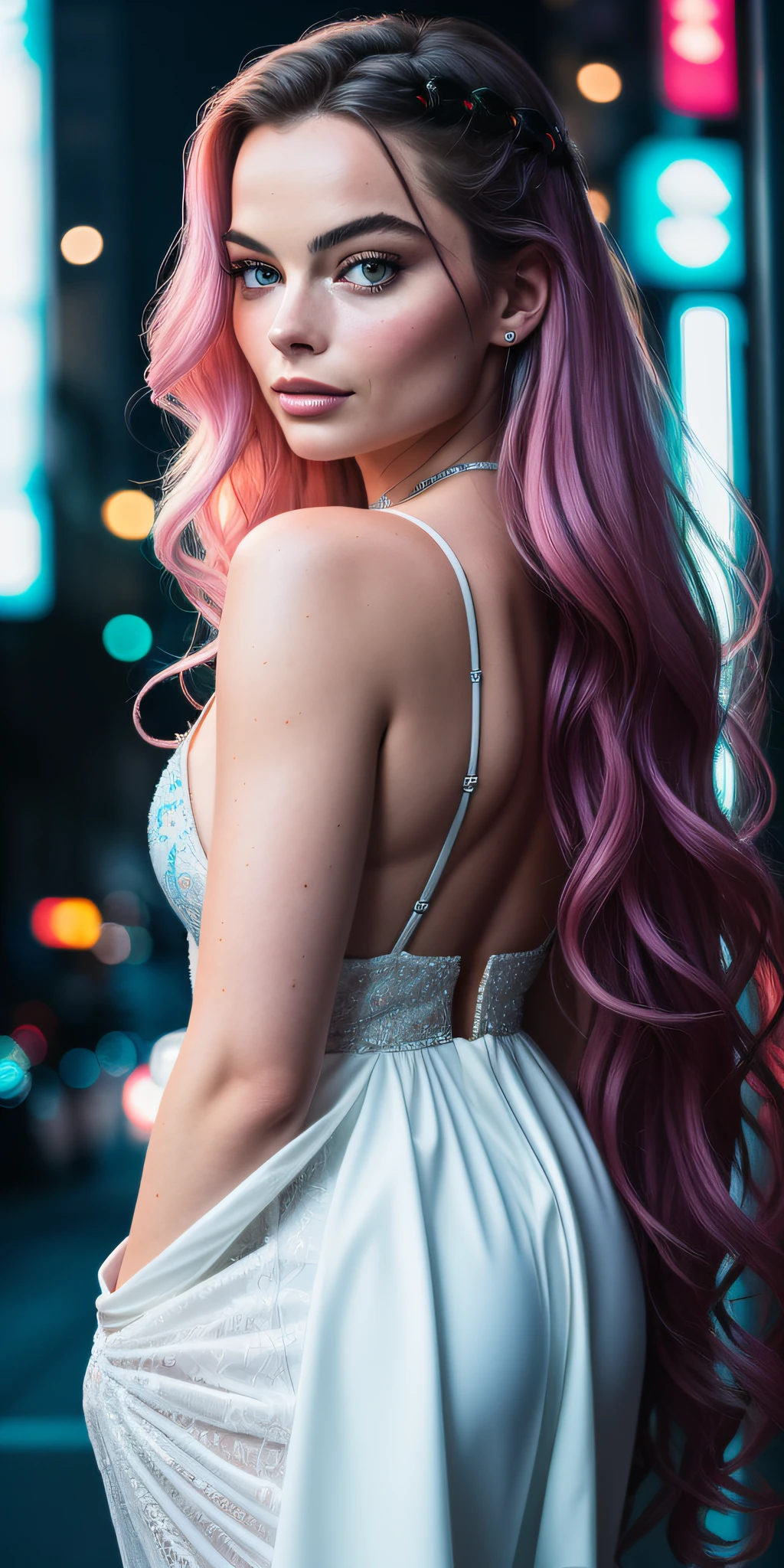 Create the full face portrait photo of 20-year-old Margot Robbie, RAW, beautiful woman, semi-open strawberry lips, dimples, wistful look, blue eyes (extra long wavy white hair), ((detailed face)), ((detailed facial features)), (finely detailed skin), pale skin, (deep neckline detailed high-tech cyberpunk dress), cyberpunk megacity environment, (cool colors), damp,  wet, reflections, (masterpiece) (perfect aspect ratio)(realistic photo)(best quality) (detailed) shot on a Canon EOS R5, 50mm lens, F/2.8, HDR, (8k) (wallpaper) (cinematic lighting) (dramatic lighting) (sharp focus) (intricate), RAW photo, RAW photo, gigachad photo, posing for camera, black jeans, back arms, 8k uhd, dslr, high quality, film grain,  Fujifilm XT3