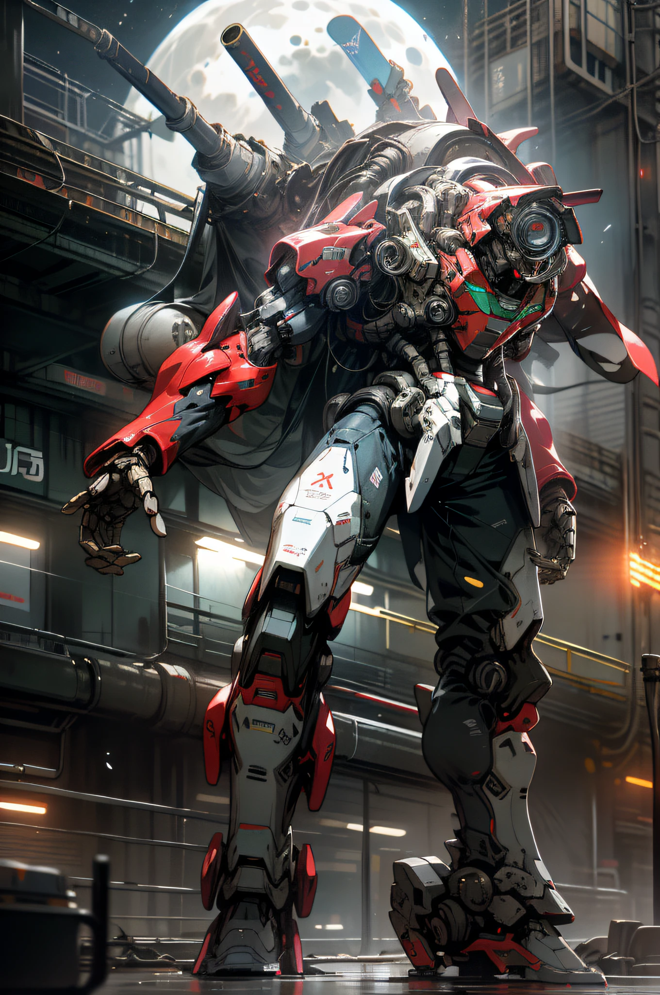On the moon, barren planets, ruins, holding_weapon, no_humans, bright, robot, construction, glowing_eyes, Red mecha, science fiction, city, realistic, mecha, background of the Milky Way, outer space, neon, cyberpunk, macross, robotec, valquire hunt, full body, battle pose,