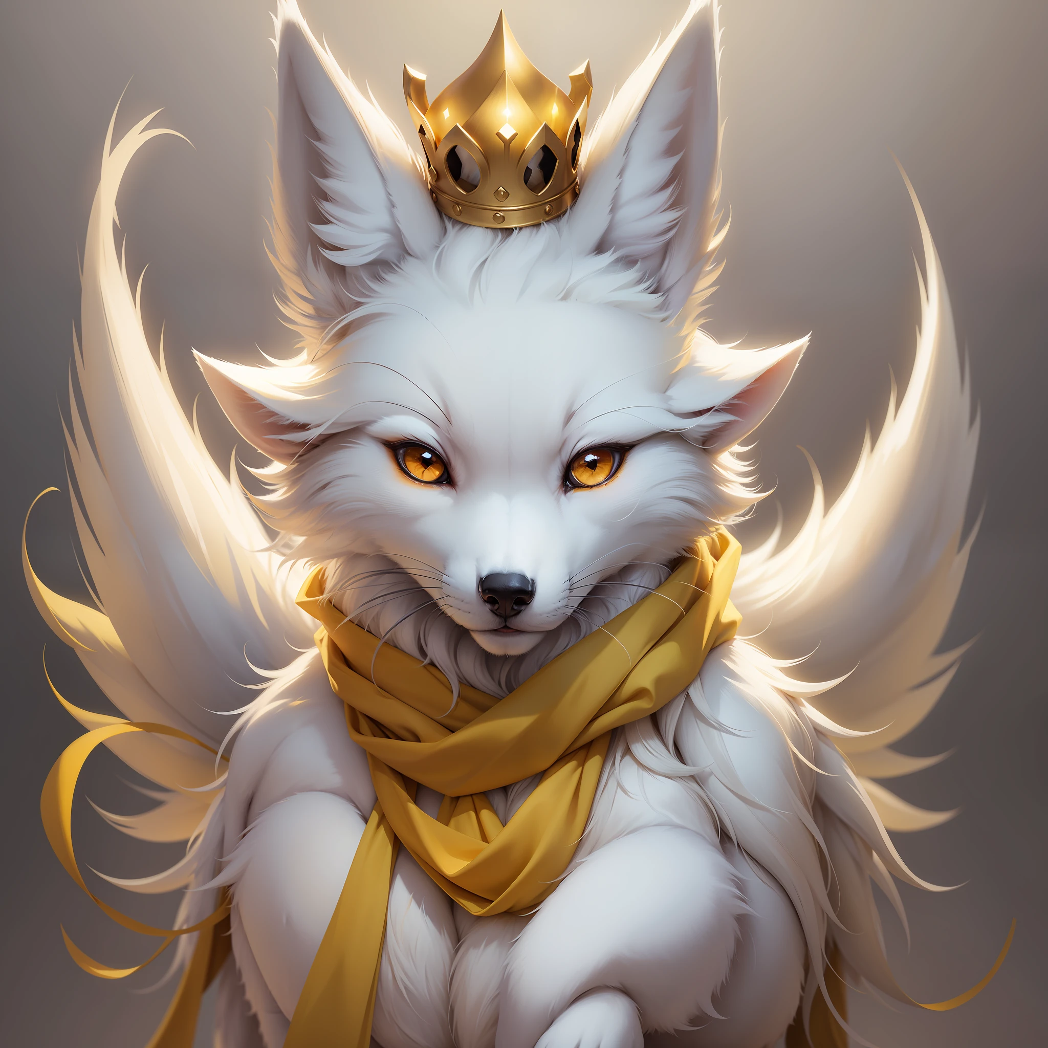 A white fox wearing a yellow scarf, with a crown, white fox, furry universal style, cute drawing style, cartoon art, anime, no clothes, red left eye and yellow right eye, furry, anthropomorphic --auto --s2