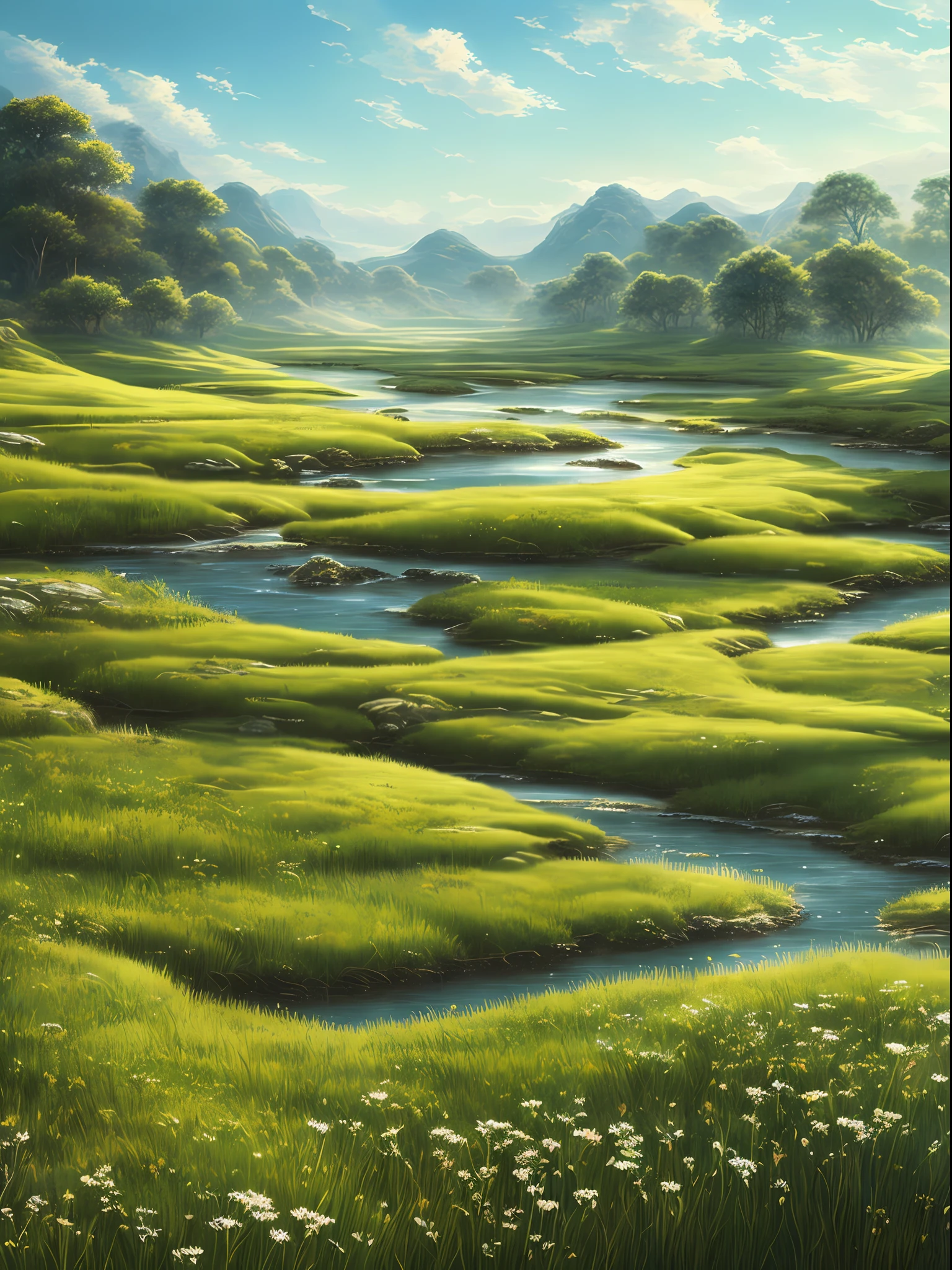 Endless grasslands, paintings of uneven heights of grass swaying in the wind, highly detailed illustrations, highly detailed conceptual art, overly detailed art, a small river on the grassland