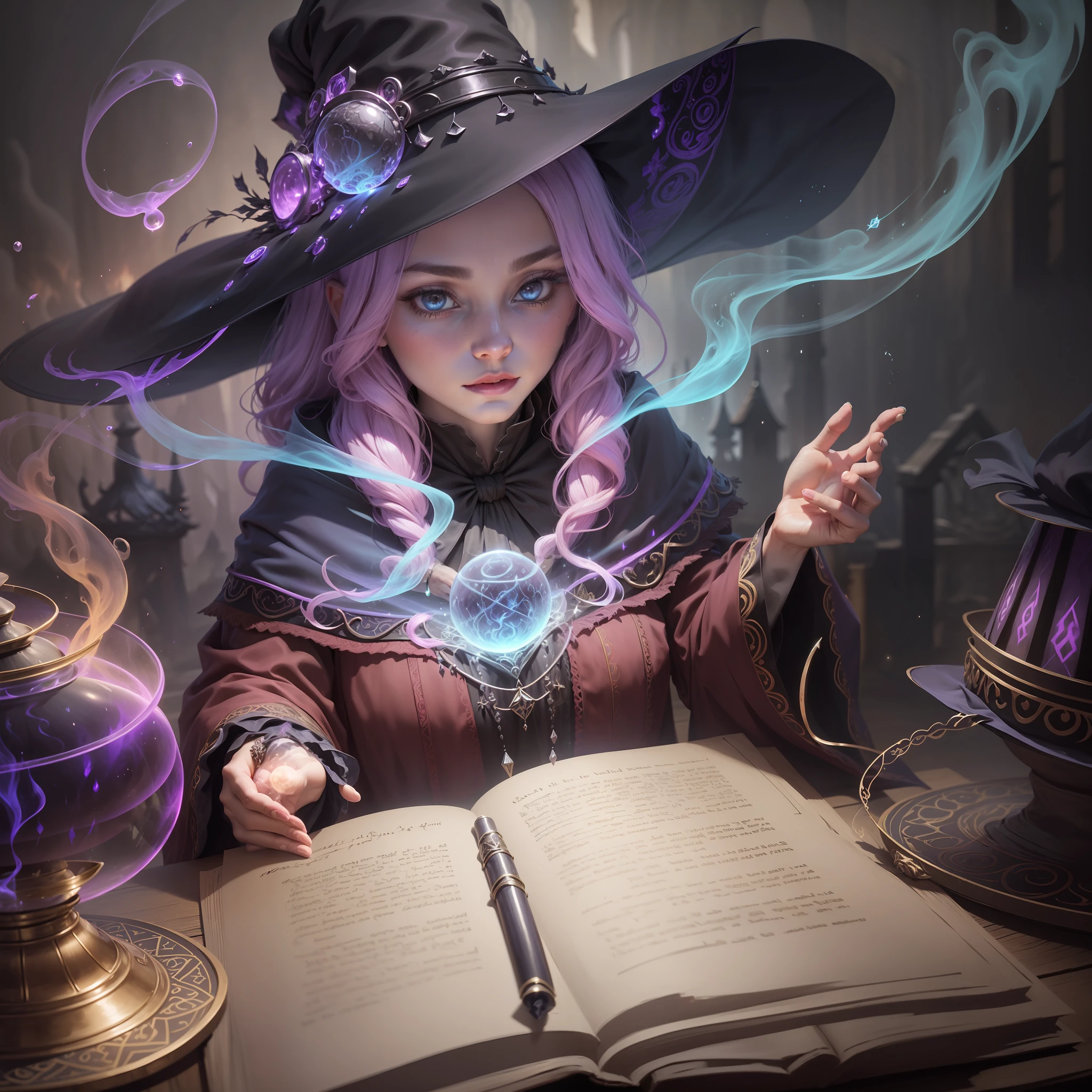 Mysterious witch ::8, flowing robe, intricate patterns ::7, pointed hat, wide brim ::6, enchanted aura, glowing magic ::5, cauldron, bubbling potion ::4, magical ingredients, spellbooks ::3, spellcasting gesture ::2, mystical ambiance, otherworldly presence ::1.
Smoke and Atmosphere: --auto --s2
