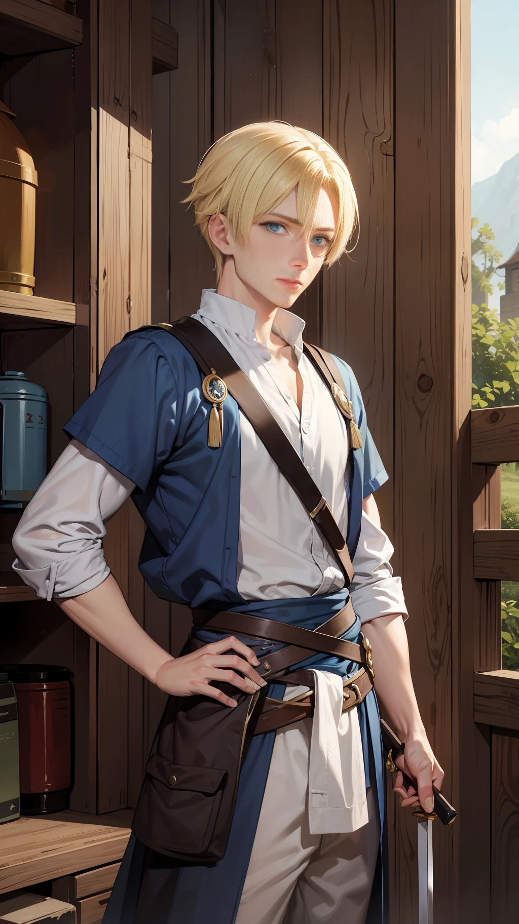 A 23-year-old man with blue eyes and blonde hair, his clothes are light and look like a villager's, he has a long sword on the left side of his waist