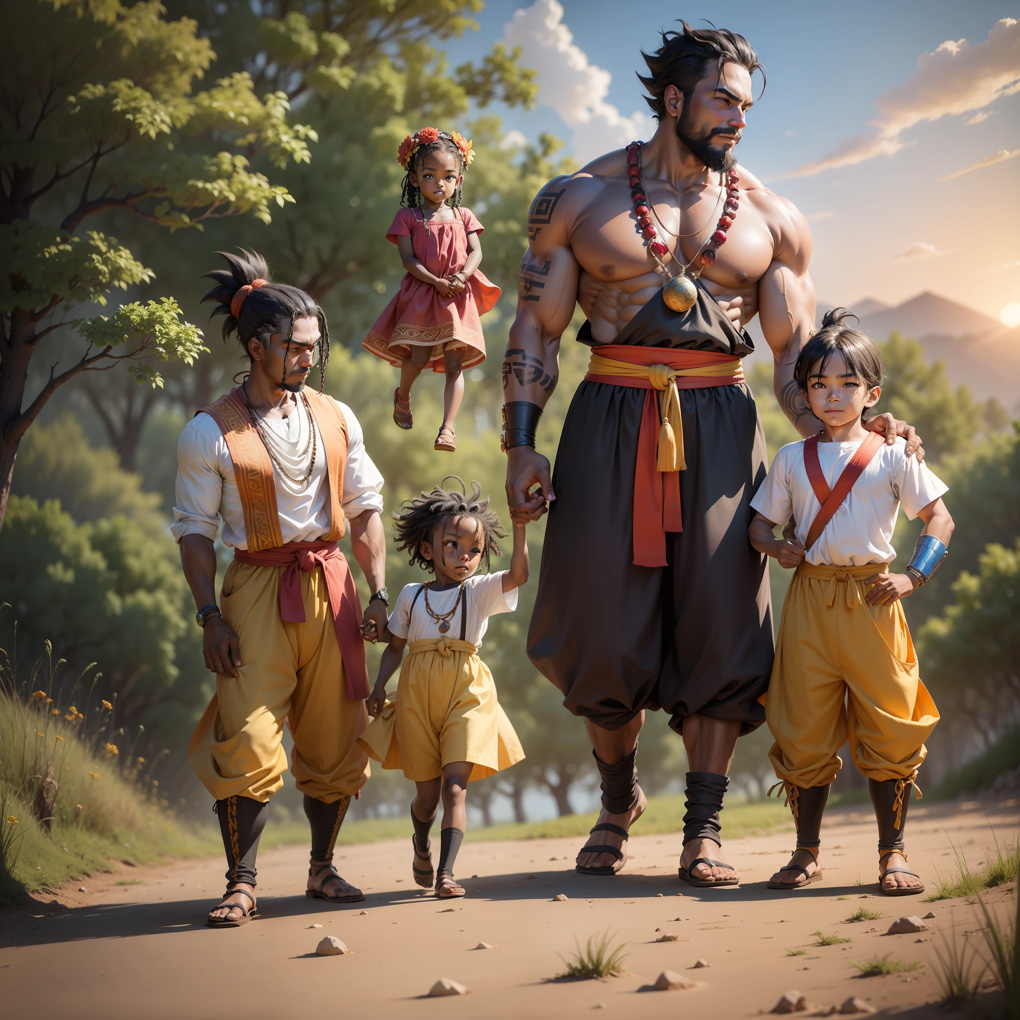 Draw an epic Dragon Ball-style portrait with a father and his three children. The father, a strong and determined warrior, is at the center of the image, surrounded by his black sons. His eldest son, an 11-year-old boy, stands on his right side, with a determined look and a confident smile on his face. To his left is his middle daughter, a 4-year-old girl, looking up with adoration for her father. And last but not least is the youngest daughter, a 2-year-old girl, holding her father's hand and looking at him with an innocent and loving smile. The father and his children are dressed in traditional African clothing, showing their connection to their culture and traditions. The backdrop in the background is a verdant countryside with a red and orange sunset, creating a sense of tranquility and peace. This drawing depicts the incredible connection between a father and his children, showing that family strength is what unites them. --auto --s2