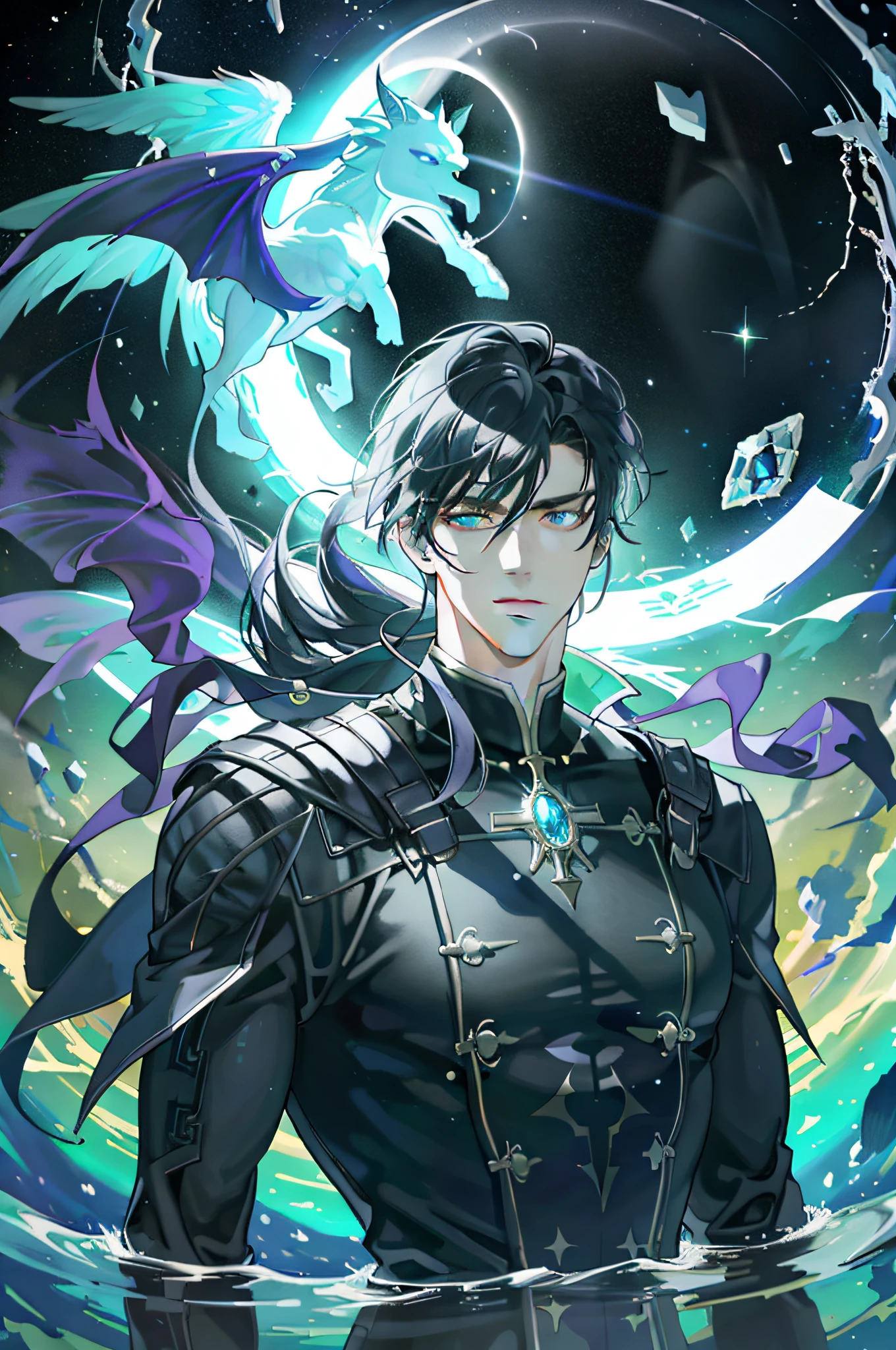 masterpiece, best quality, 1 male, adult, mature, tall muscular guy, Dark theme, Magic circle, bubble, rainbow Sunlight, Underwater, Reflected mirror, floating piece of Glass, Rainbow light, Bubble Swirling, wind Swirling, Aurora, fantasy scenery, Starlight around the character, (upper body)