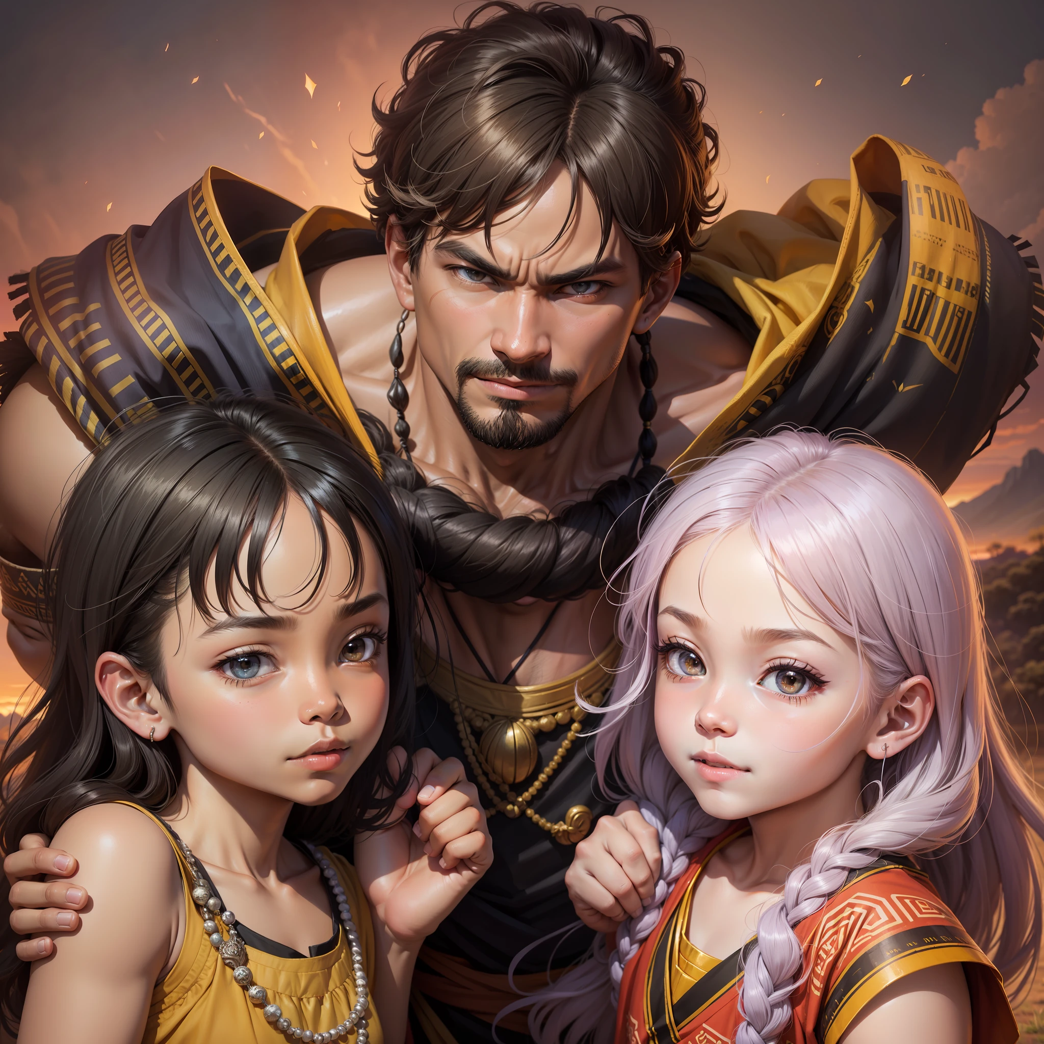 Draw an epic Dragon Ball-style portrait with a father and his three children. The father, a strong and determined warrior, is at the center of the image, surrounded by his black sons. His eldest son, an 11-year-old boy, stands on his right side, with a determined look and a confident smile on his face. To his left is his middle daughter, a , looking up with adoration for her father. And last but not least is the youngest daughter, a 2-year-old girlather's hand and looking at him with an innocent and loving smile. The father and his children are dressed in traditional African clothing, showing their connection to their culture and traditions. The backdrop in the background is a verdant countryside with a red and orange sunset, creating a sense of tranquility and peace. This drawing depicts the incredible connection between a father and his children, showing that family strength is what unites them. --auto --s2