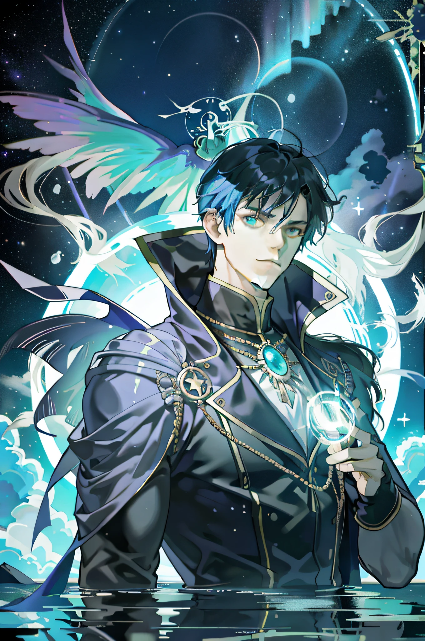 masterpiece, best quality, 1 male, adult, mature, tall muscular guy, Dark theme, Magic circle, bubble, rainbow Sunlight, Underwater, Reflected mirror, floating piece of Glass, Rainbow light, Bubble Swirling, wind Swirling, Aurora, fantasy scenery, Starlight around the character, (upper body)