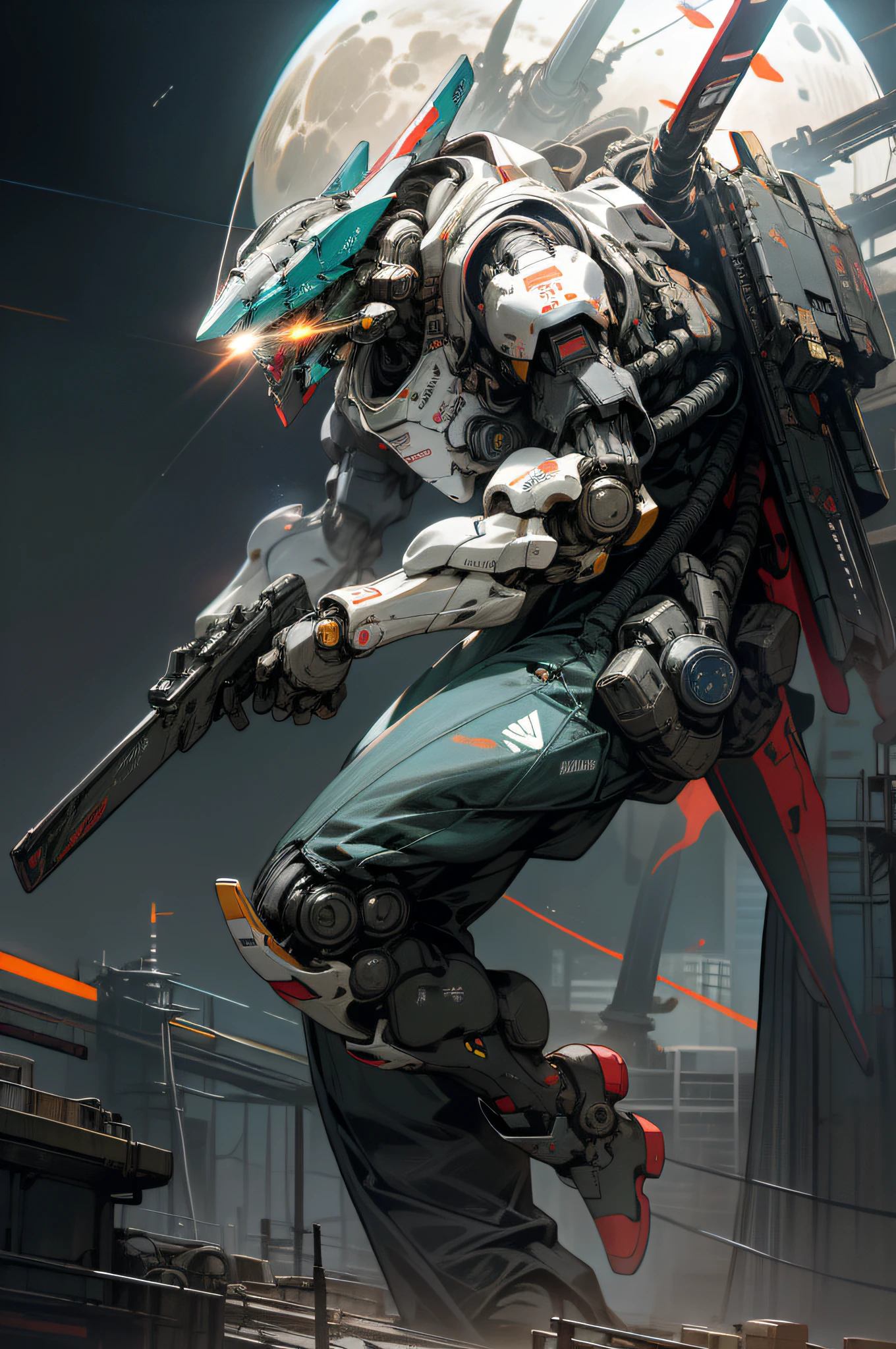 On the moon, barren planets, ruins, holding_weapon, no_humans, bright, robot, construction, glowing_eyes, Red mecha, science fiction, city, realistic, mecha, background of the Milky Way, outer space, neon, cyberpunk, macross, robotec, valquire hunt, full body, battle pose,