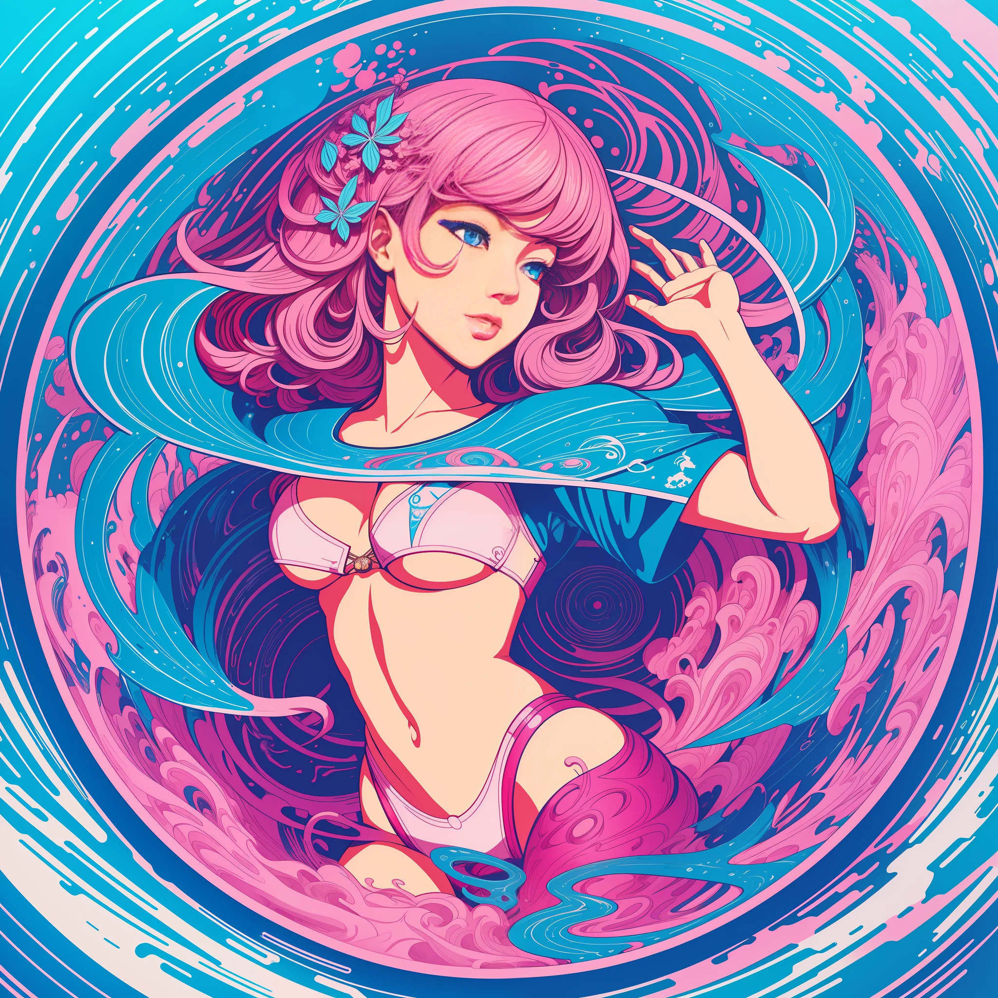 [Pink bikini, big] circular crest silhouette, logo masking style illustration, Dan Mumford, Greg Lutkowski, James Jean, white background, fantasy art, mysterious, realistic, majestic, rich vivid colors, high contrast, seamless water brand, art station, deviant art, dribbling, red bubble, Tee public, sharp focus, simple, hyper detail, detailed drawing, vectorization, outline, isometric style, 8k.
