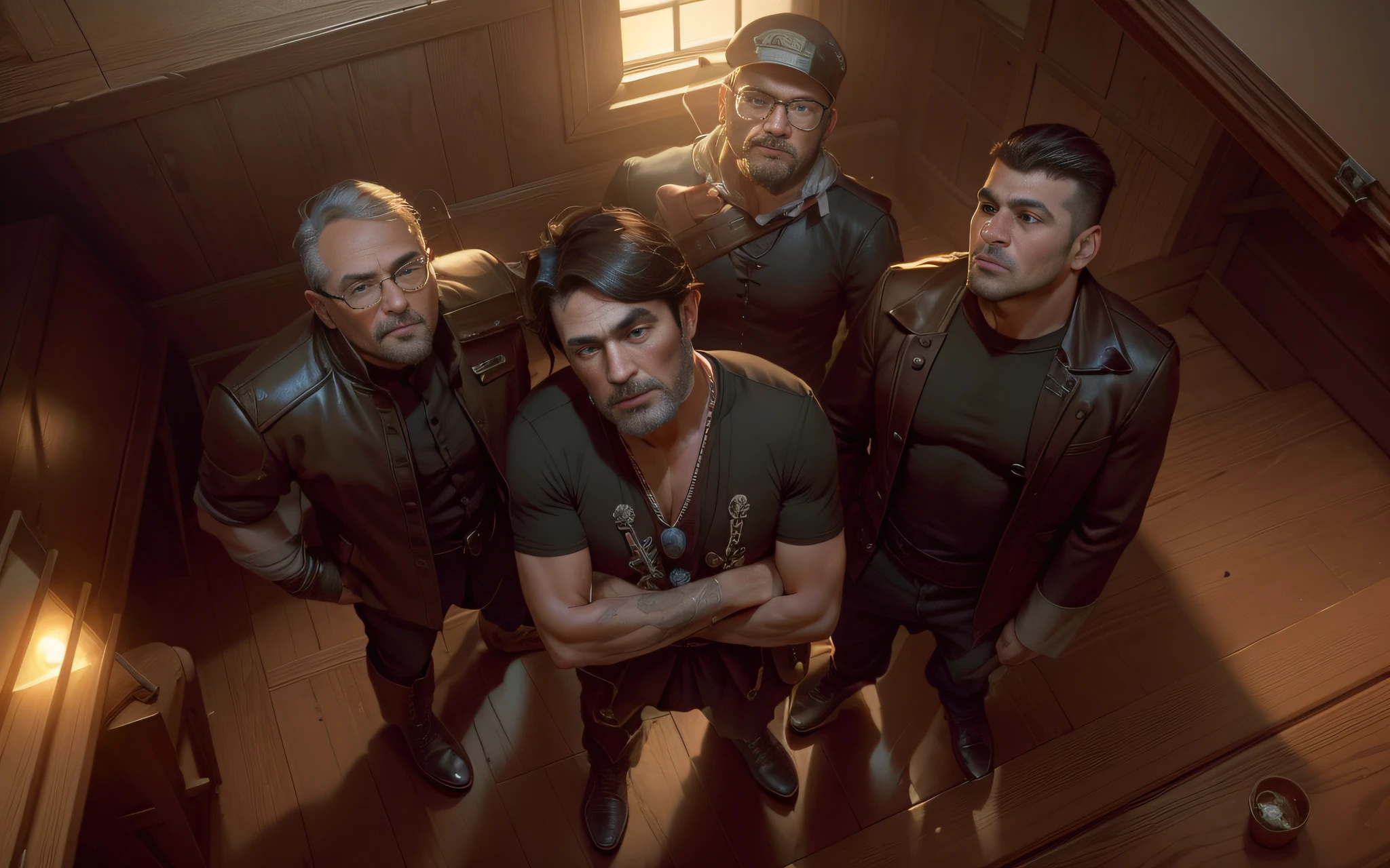 There are four men standing on an old pirate ship, together looking at the camera, they are pirates, dressed as pirates, faces and eyes identical to the reference image, the floor is dark wood, the walls are dark wood, portrait image, promotional photo, super high resolution, dark dramatic lighting, modelshoot style, (extremely detailed CG unit 8k wallpaper),  photo of the world's most beautiful artwork, majestic professional oil painting by Ed Blinkey, Atey Ghailan, Studio Ghibli, by Jeremy Mann, Greg Manchess, Antonio Moro, trending on ArtStation, trending on CGSociety, Intricate, High Detail, Sharp focus, dramatic, photorealistic painting art by midjourney and greg rutkowski, (brightly lit) --auto --s2