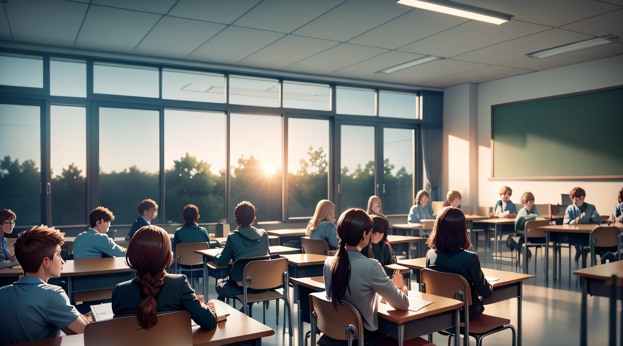 Drawing, ultra realistic, 8k, extremely detailed, in the best quality, a classroom, seen from behind, with the students sitting at their desks, and the teacher teaching.