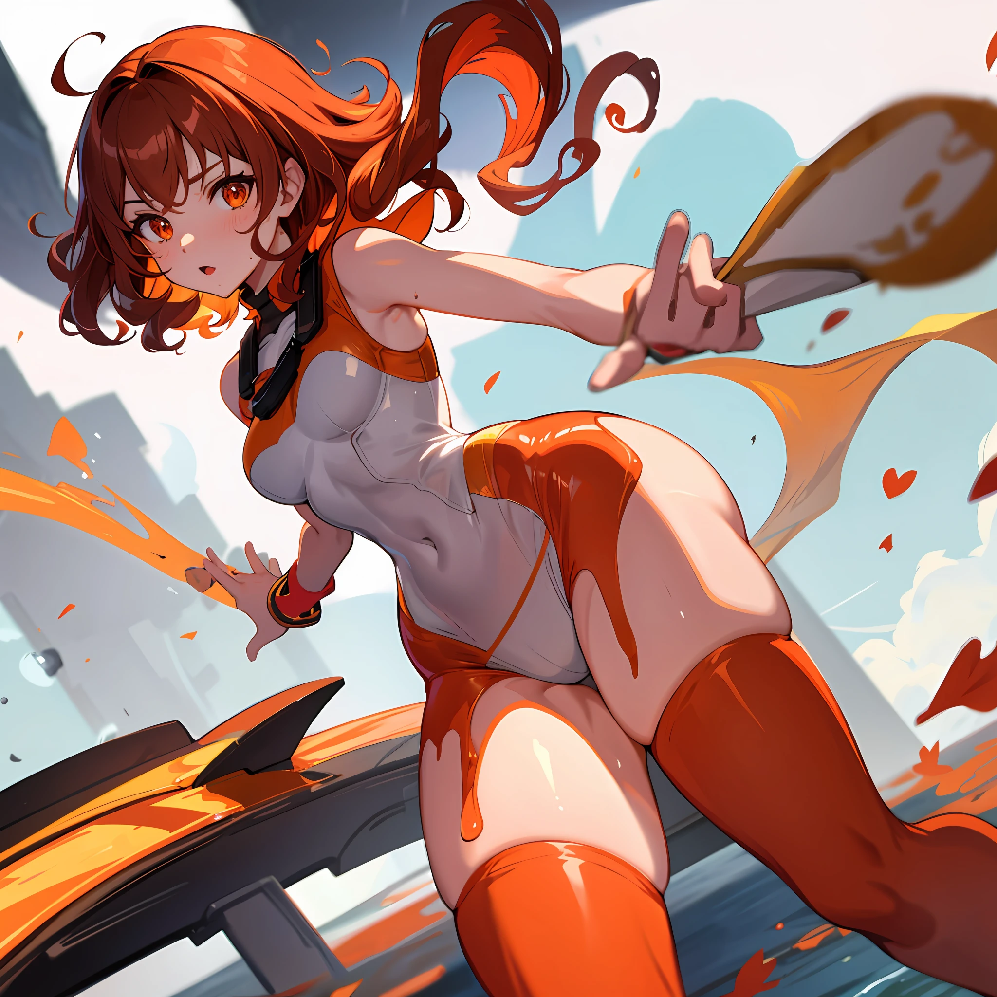 1girl, slim, juicy, light brown underwear, tight underwear, fiery hair, curly hair, cropped hair, orange eyes,, flowing, wet, maple