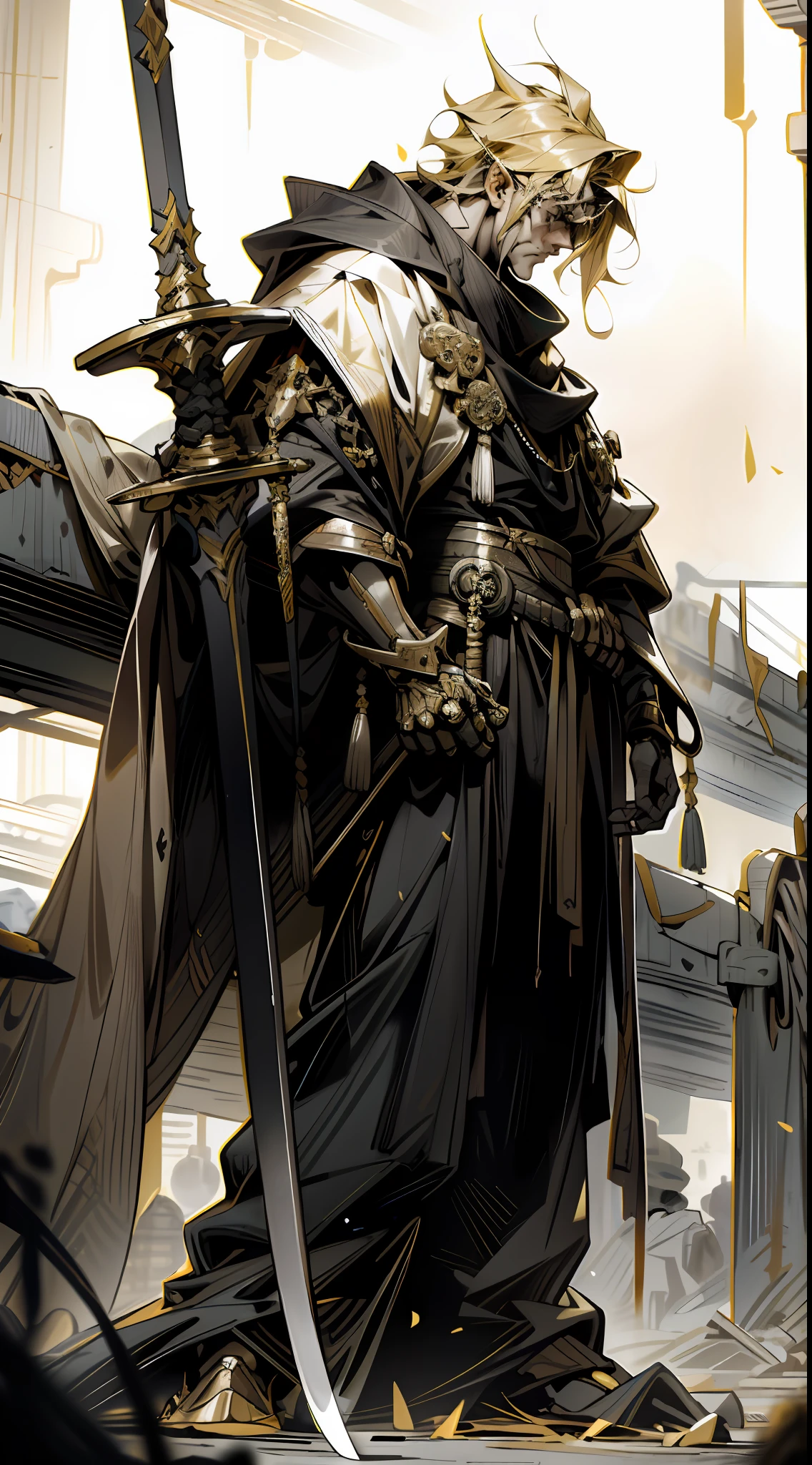 Extremely detailed cyberpunk apocalyptic scenes, vast and wide-angle war-ravaged grounds, brandishing a golden cane and carrying a long sword, stands a powerful male king. His robe shone with golden light and was full of royal momentum.