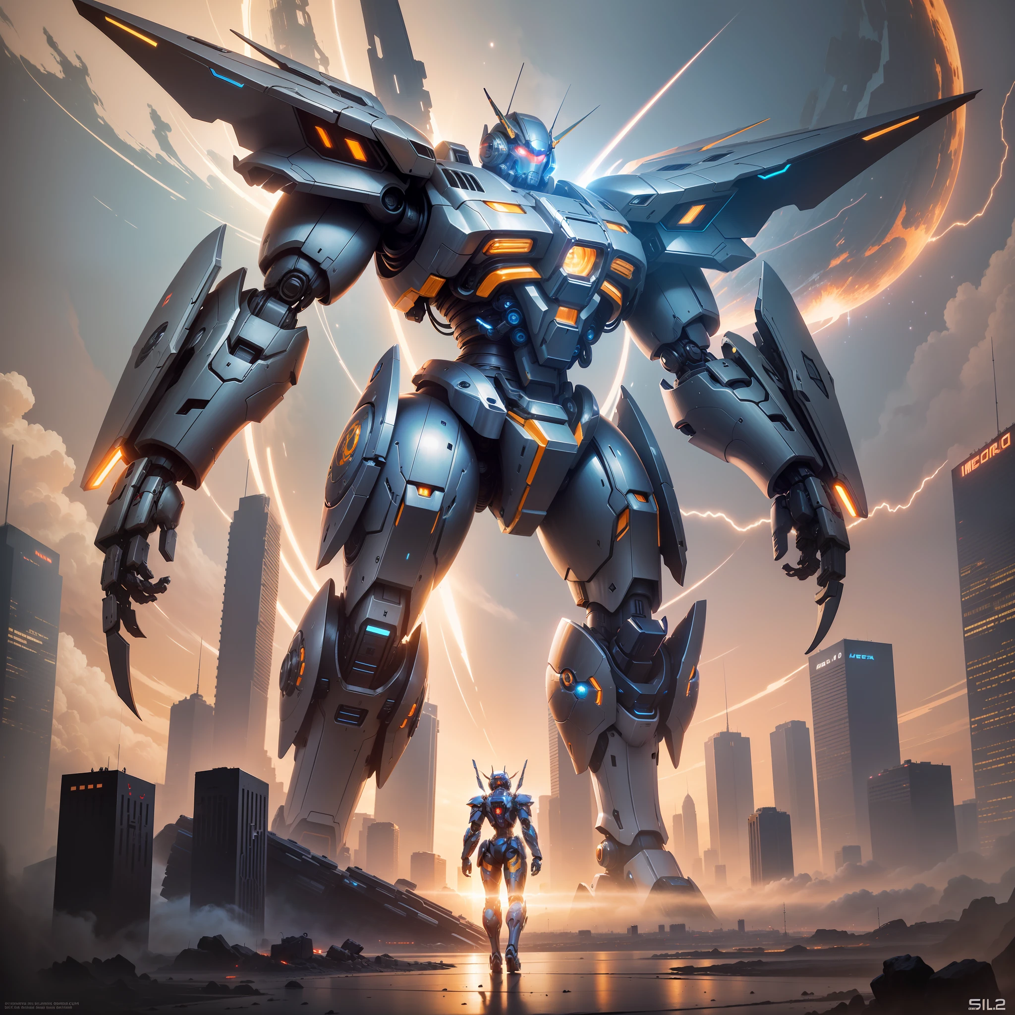 (Solo exhibition: 1.4), A (((Mecha))) with stylish and threatening design, glowing eyes, full body, highly detailed, high detail background, battle, planet, hover, giant shield, shoulder armor, mechanical tailgate, science fiction with Tokyo Tower in the background, concept art, space art, --auto --s2