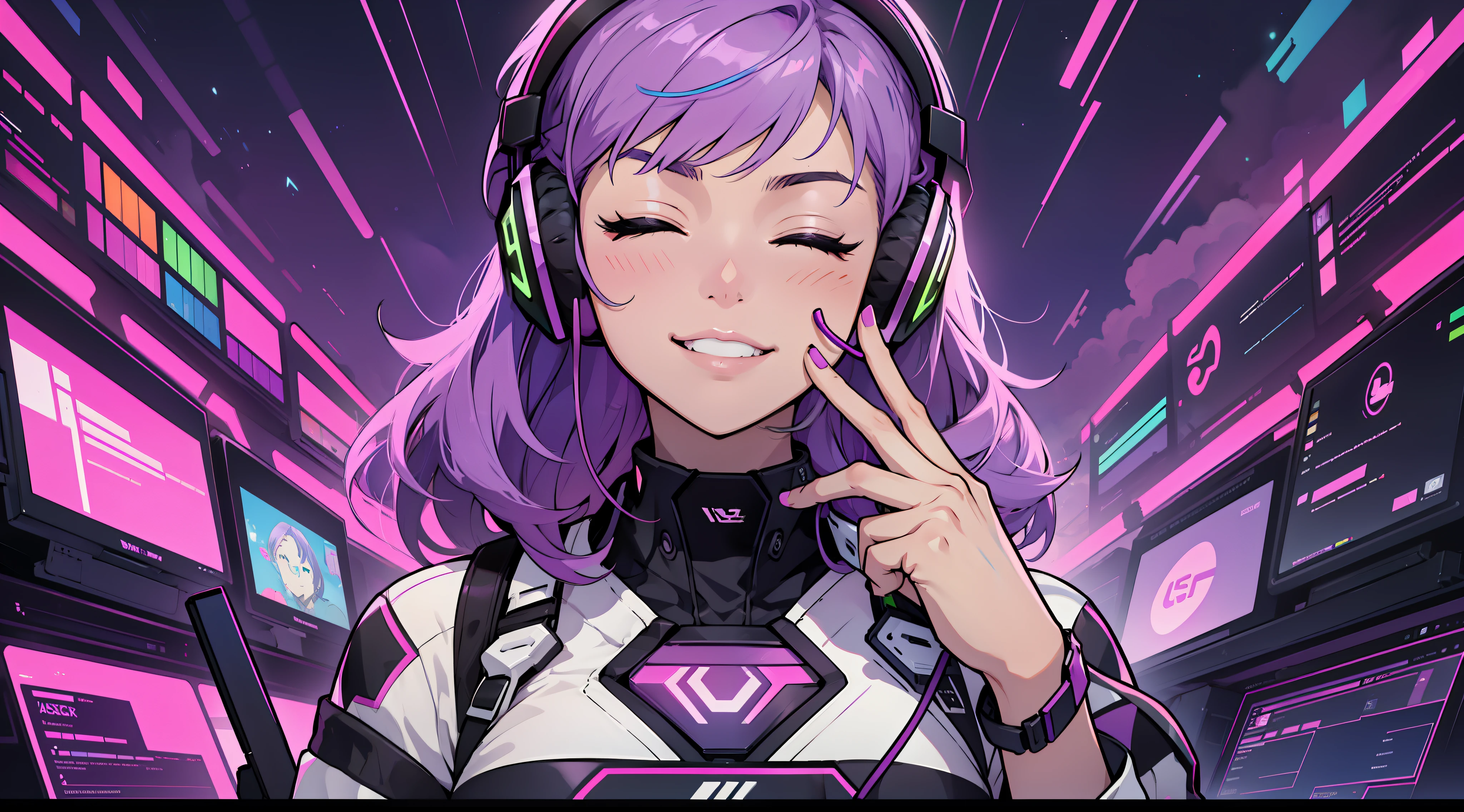 Woman with peace sense headset, closed eyes, beautiful face, RGB colors, bright purple hair, anime, banner for youtube video, happy girl, clouds with RGB colors., bright RGB colors.