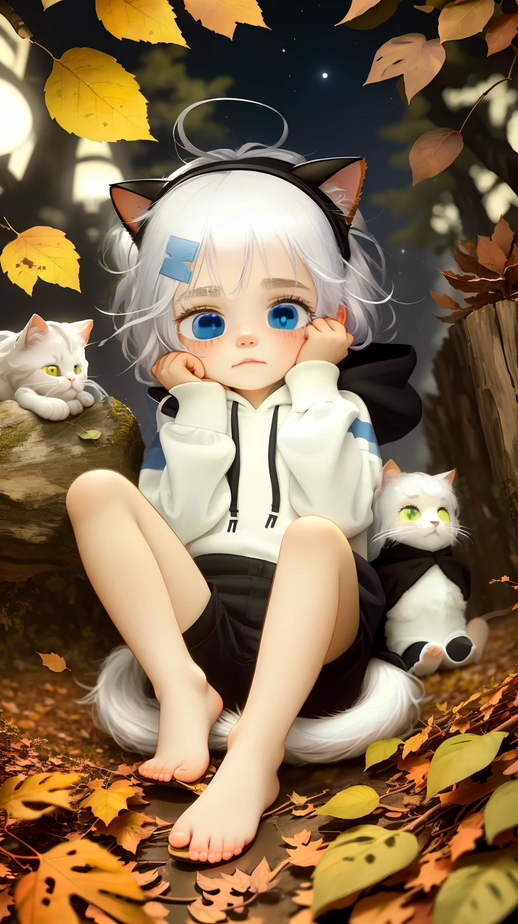 A girl, (1 person: 1.9, furry human furry: 1.3), white hair, cat ears, hoodie: 0.9, night, headband, blue eyes, bicolor hair, cloudy night, fallen leaves, autumn forest: 0.9, super high resolution