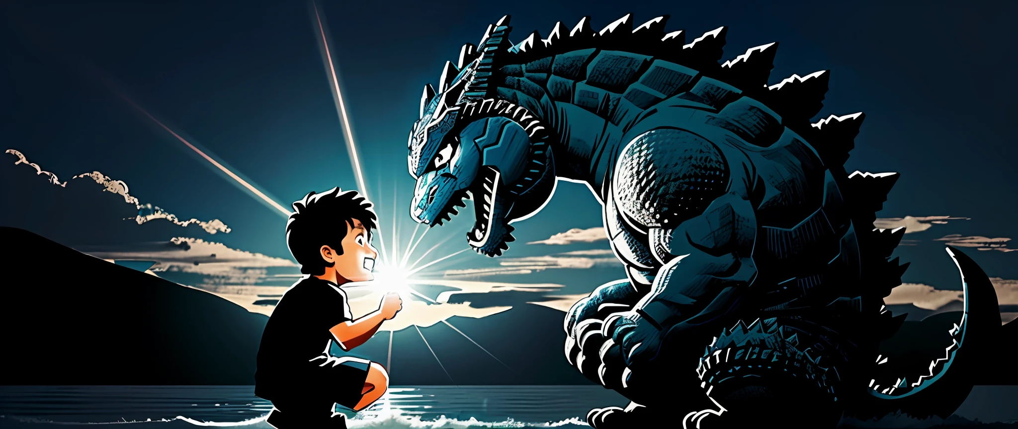 Style description: thick lines, minimalist style, strong sunlight, characters are very small and cute, Q version comics; Content description: Side view screen, only two characters, one is a blue silhouette boy, the other is a Godzilla monster, two people are fighting, the  boy shoots thick line light waves with both hands; Details added: The little expression is very excited and happy; Ultra-wide angle