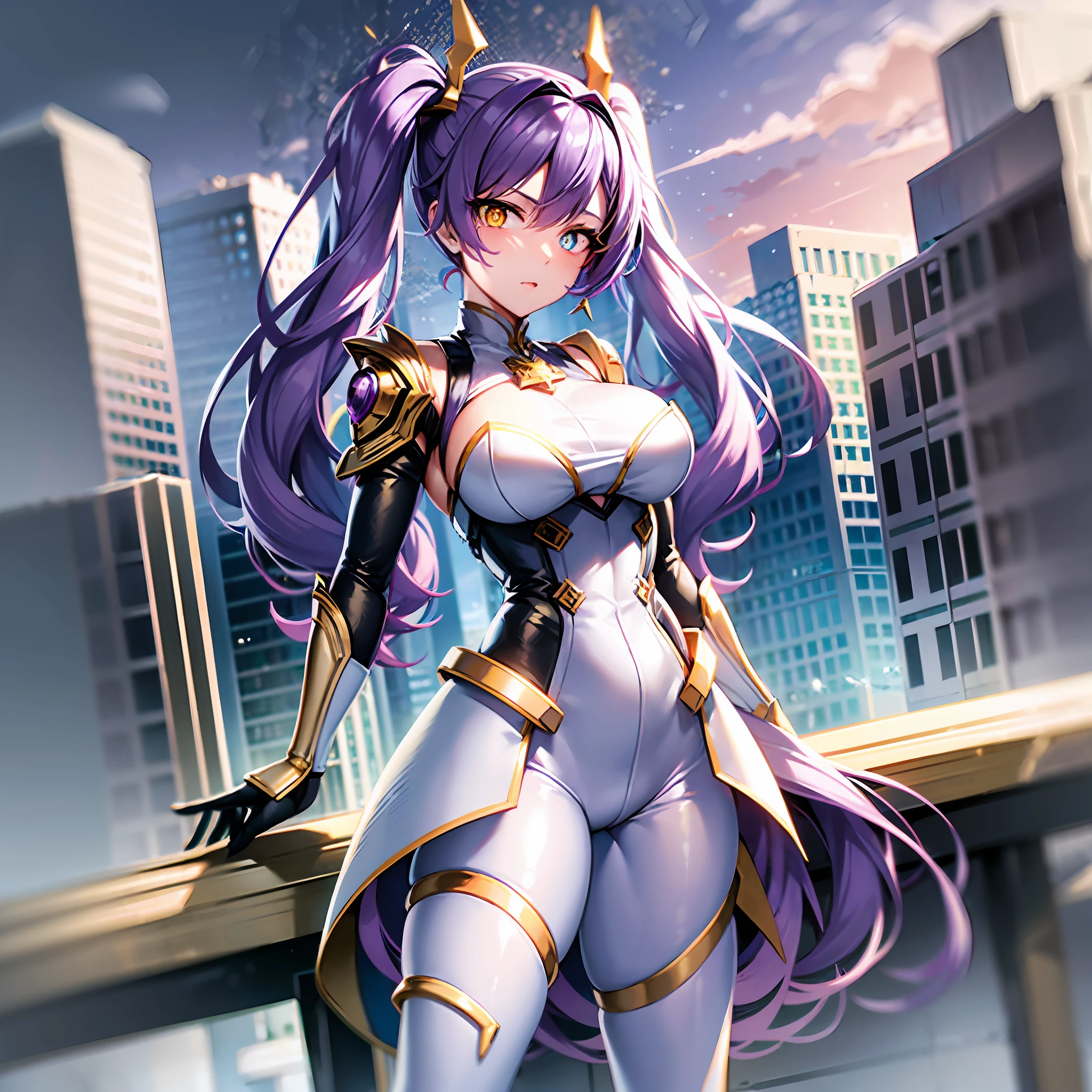 ({best quality}),(Ultra Fine),single girl,alone,19 years old,well_developed curves,curvaceous_body,hourglass_figure,perspective,beautiful_face,high_quality_outfits,futuristic_outfits,silght_blush,full_body,full detail face,protective outfits,Honkai_Star_Rail_art;

(Violet hair:1.5),indigo hair tips,violet (helix-shaped twintails:1.1),two long fin-shaped white hairclips,pointing upwards;(golden eyes:1.8),( white hilted pupils:1.4),golden holographic one-piece goggle glasses on eyes;one hexagon aqua locket on breast;

Futuristic battlesuit,armored battlesuit,combat ready,covering all body,fitting body curves,white streamlined shoulder guards,black long slender sleeves,white armored arm bracers with aqua streakings,black gloves,white tanktop with aqua trim,black armored corset,two aqua buttons,aqua zipper along corset,white waistband with four gadget holsters,an aqua stripe framing breast,(white scifi armor dress,knee-length hems),(,white and aqua-edged armor tassets),(white pantyhose) with hexagon aqua linings,silver waistband with gadget holsters;silver mechanic boots,heeled boots; White mechanic backpack on back;

Rainy weather,night,stormy sky in background,rainy weather,floating in midair,overlooking city from midair,calm expression,vigilat gaze,stretching hands,standing,looking forwards