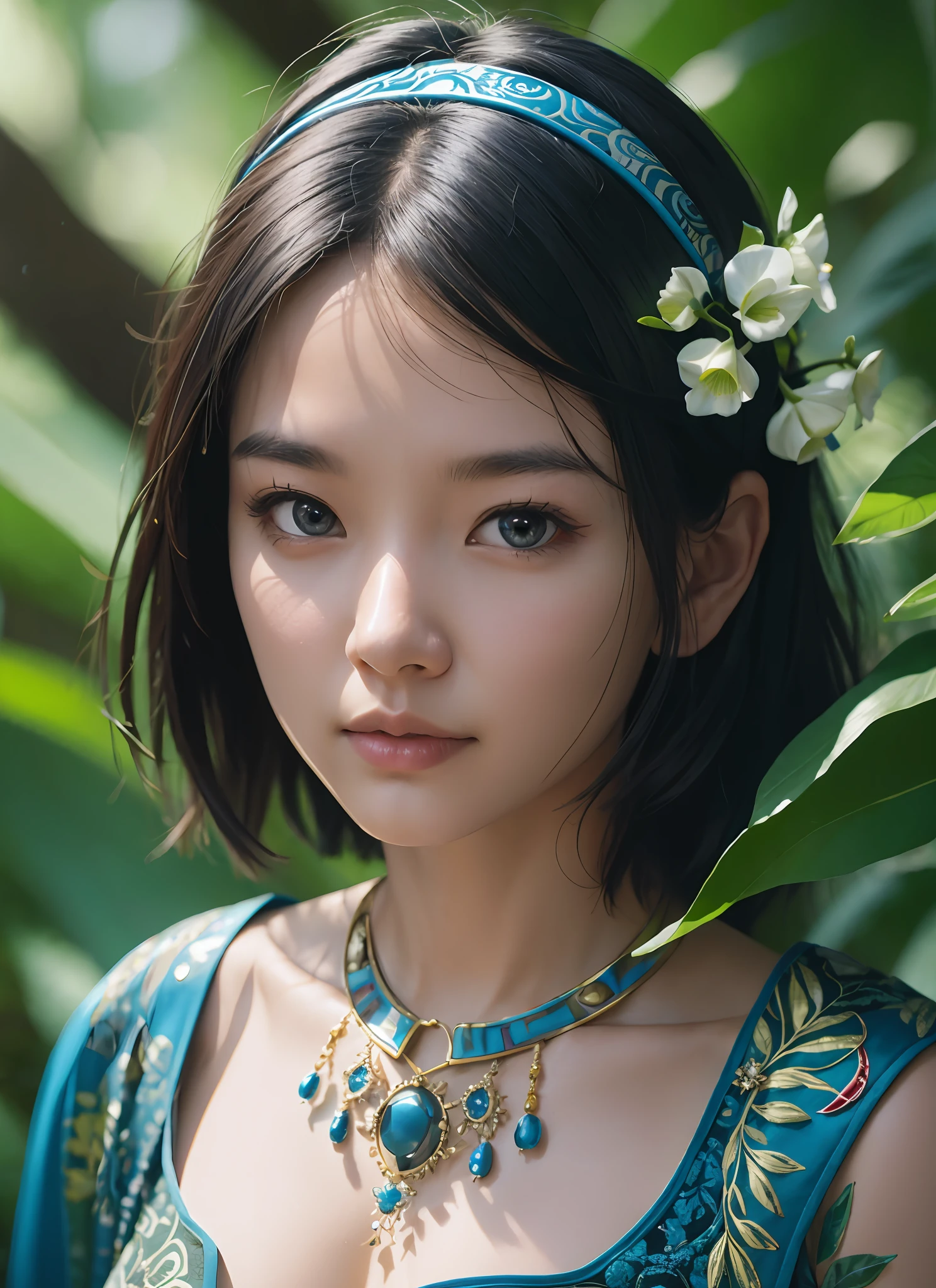 flimg, fashion photography portrait of woman avatar, 1girl in blue lush Alien Rainforest with flowers and birds, fantasy, octane render, hdr, Dolby Vision, (intricate details, hyperdetailed:1.2), (natural skin texture, hyperrealism, soft light:1.2), fluffy short hair, , sharp focus, night, necklace, Chinese mythology, cleavage, medium breasts, sci-fi headband, looking at viewer, best quality, perfect body