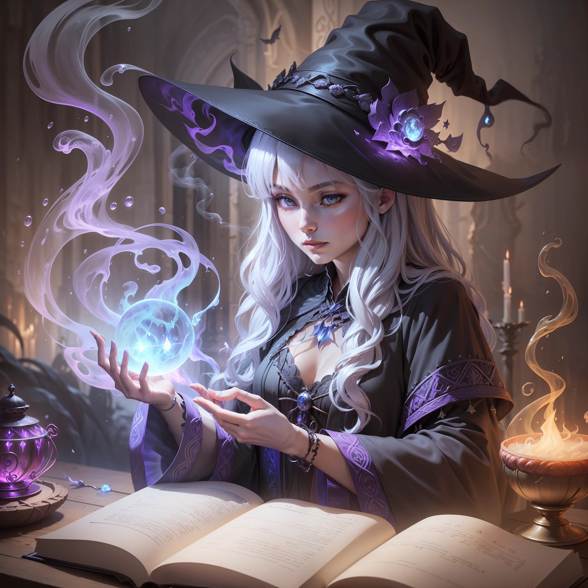 Mysterious witch ::8, flowing robe, intricate patterns ::7, pointed hat, wide brim ::6, enchanted aura, glowing magic ::5, cauldron, bubbling potion ::4, magical ingredients, spellbooks ::3, spellcasting gesture ::2, mystical ambiance, otherworldly presence ::1.

Smoke and Atmosphere: --auto --s2