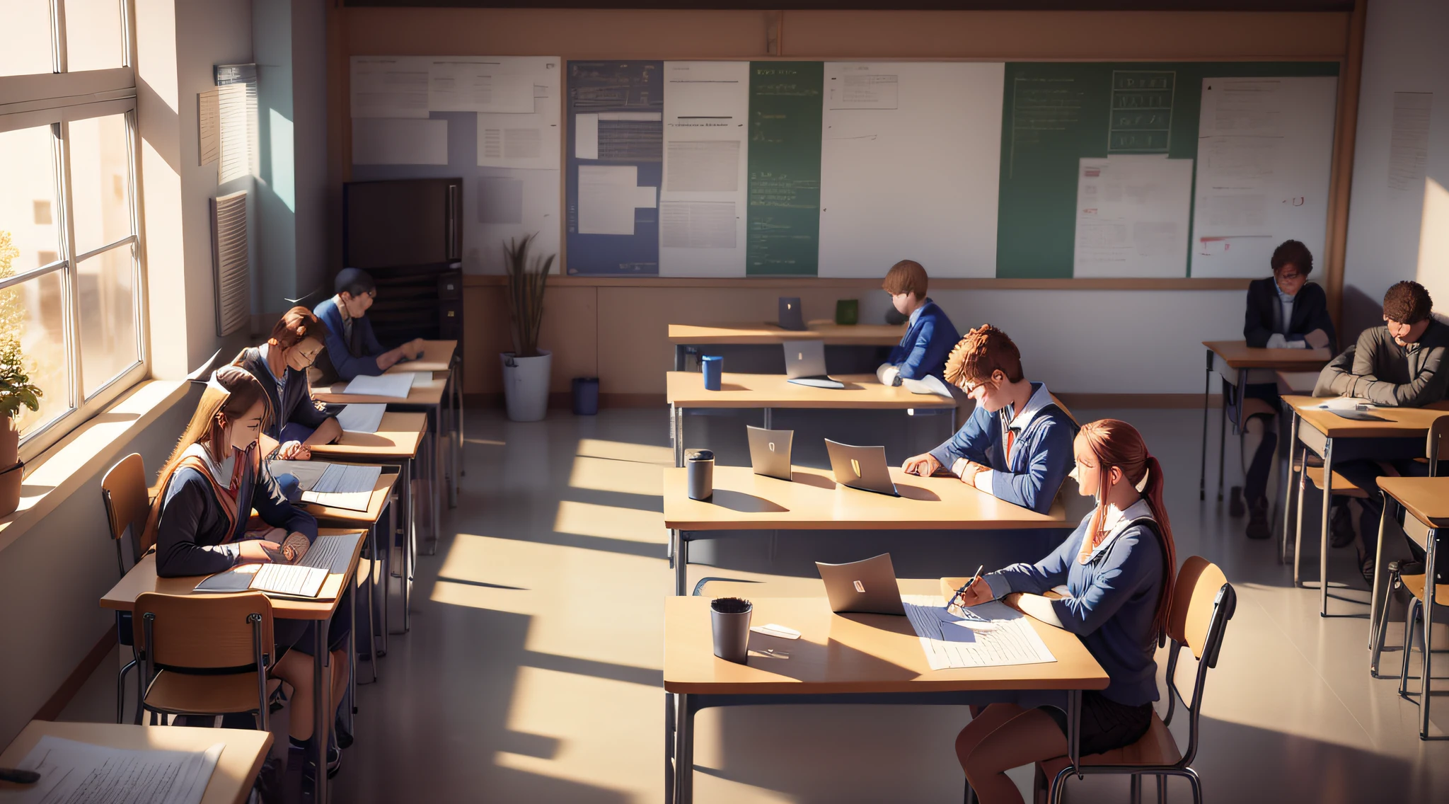 Drawing, ultra realistic, 8k, extremely detailed, in the best quality, students studying in a classroom.