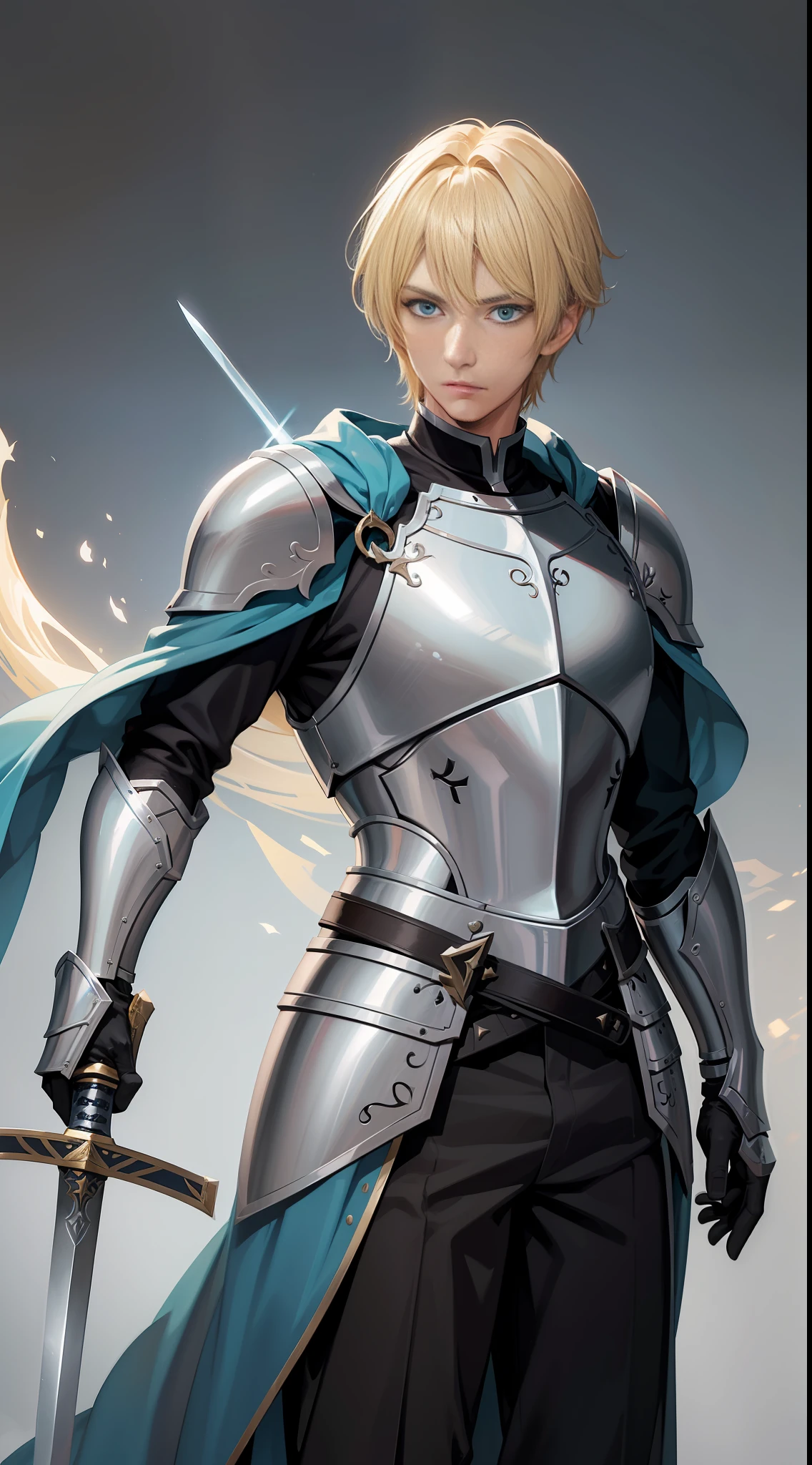 A 23-year-old man with blue eyes and blonde hair, his armor represents light and purity, he possesses a long sword on the left side of his waist