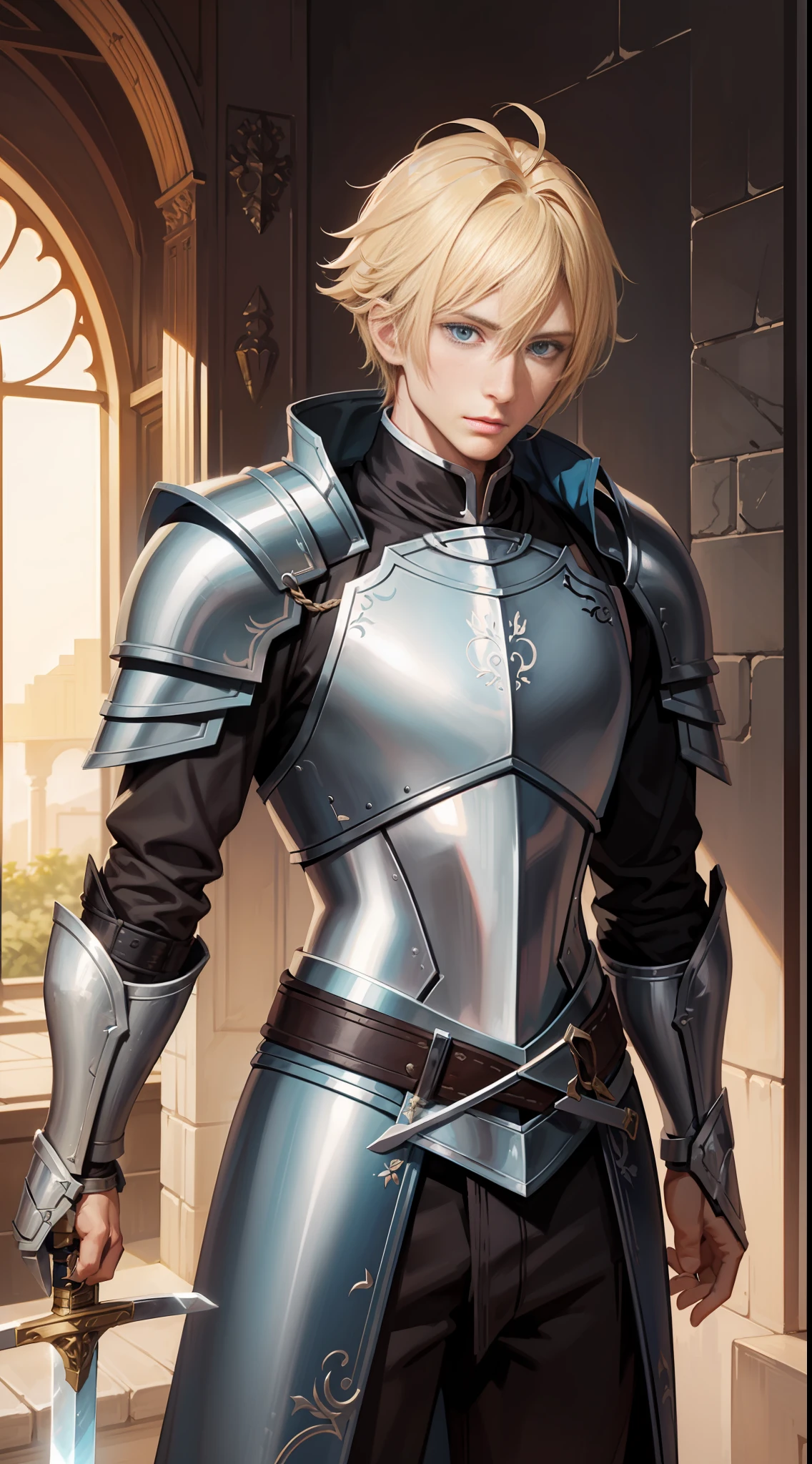 A 23-year-old man with blue eyes and blonde hair, his armor represents light and purity, he possesses a long sword on the left side of his waist