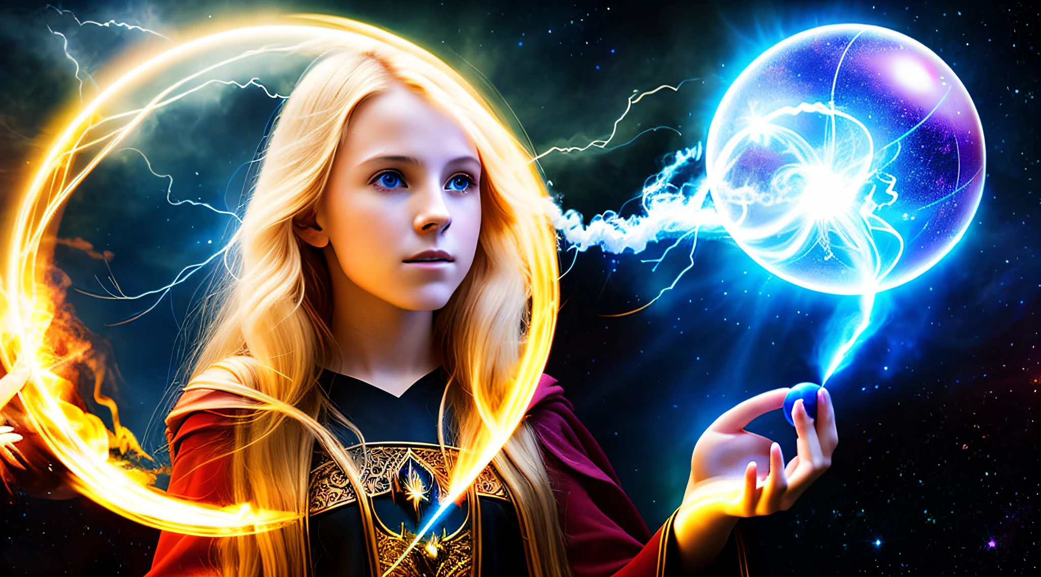  CHILD GIRL WITH LONG RED FIRE-COLORED BLONDE HAIR, holding a blue ball in her hands with smoke AND LIGHTNING coming out of it, crystal ball, holding a crystal ball, casting a protection spell, holding a glowing orb, spell-casting mage, casting spells, the orb of truth, casting a powerful spell,  Holding a glowing orb of data, a woman holding an orb, emitting psychic powers, hands holding large glowing orbs