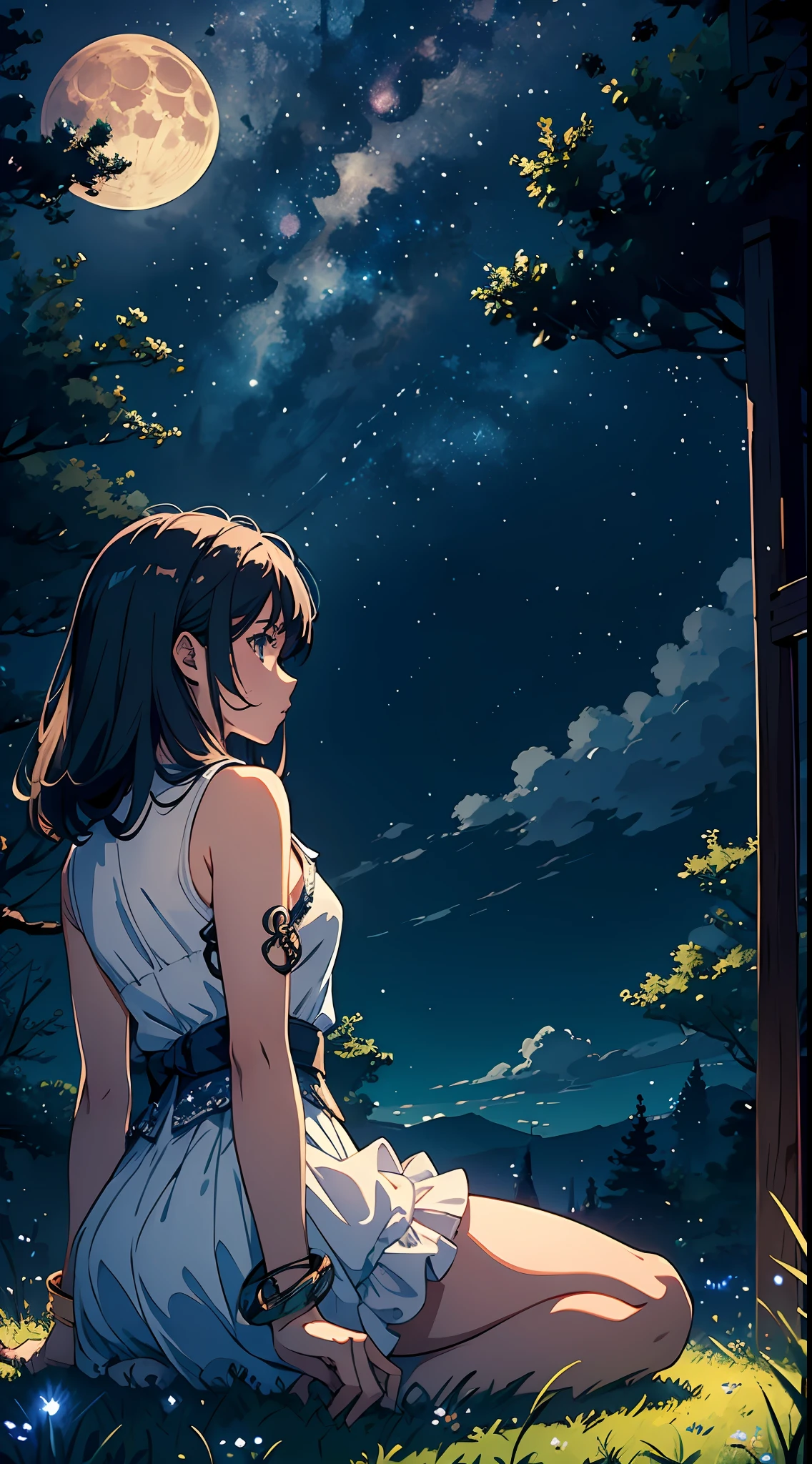 (masterpiece), (best quality), (ultra detailed creation), grass, ,starry sky, full moon , (a girl in the distance looking at the moon)