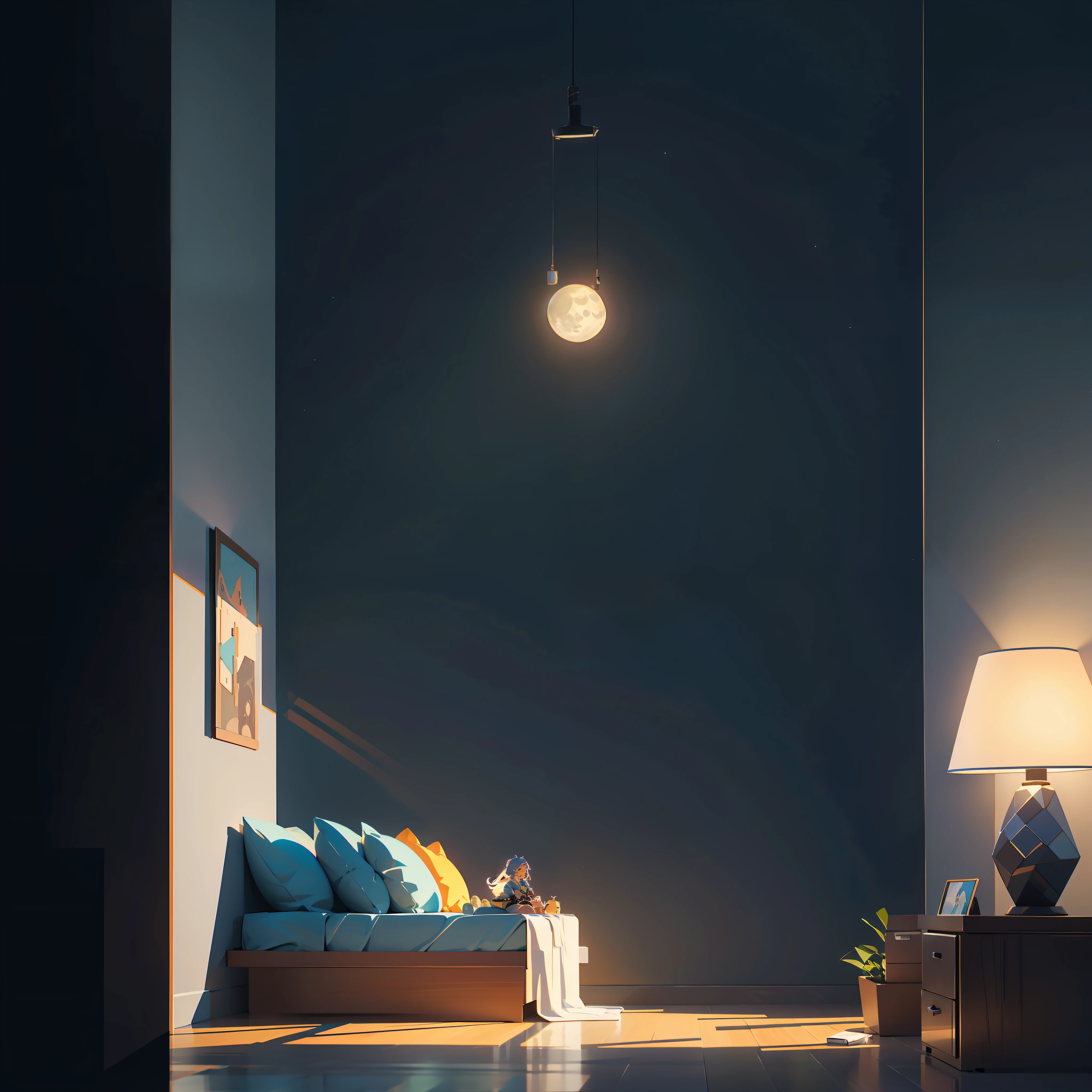 game engine rendering, c4D, perspective, high resolution, masterpiece, super high quality rendering, clear lines, geometry, masterpiece, best quality, official art, extremely detailed CGunity 8K wallpaper, rawe very detailed, illustration, unreal engine, art station, unreal 5, daz, surrealism, octane rendering, high quality shadows, games, (game concept art design: 1.1), night, moonlight, platform, (night: 1.3), (interior: 1.3), apartment bedroom, sofa, (large window), night view outside the window, (girl lying in bed), table, doll, isometric view