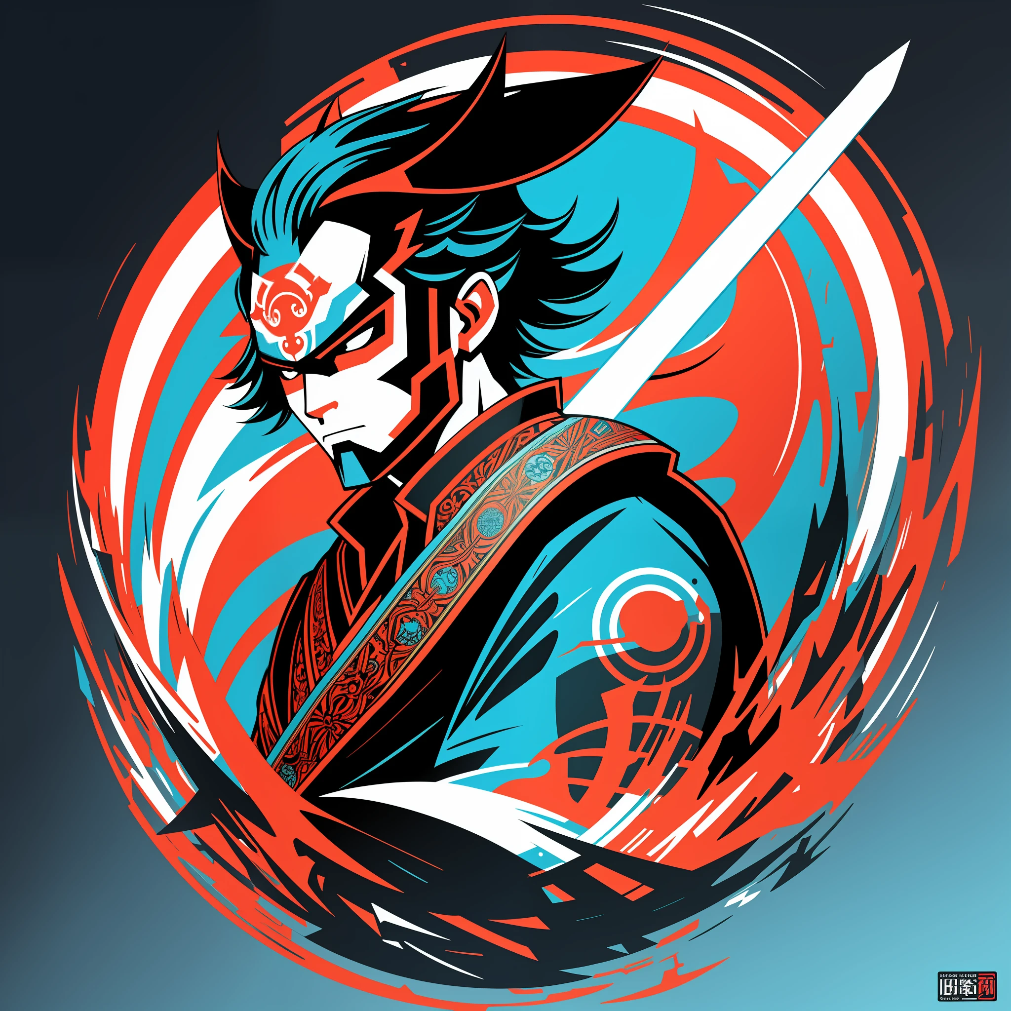 [Samurai with light blue Japan sword] circular heraldic silhouette, logo masking style illustration, Dan Mumford, Greg Lutkowski, James Jean, black background, fantasy art, mysterious, realistic, majestic, rich vivid colors, high contrast, seamless water brand, art station, deviant art, dribbling, red bubble, Tee public, sharp focus, simple, hyper detail, detailed drawing, vectorization, outline, isometric style, 8k.