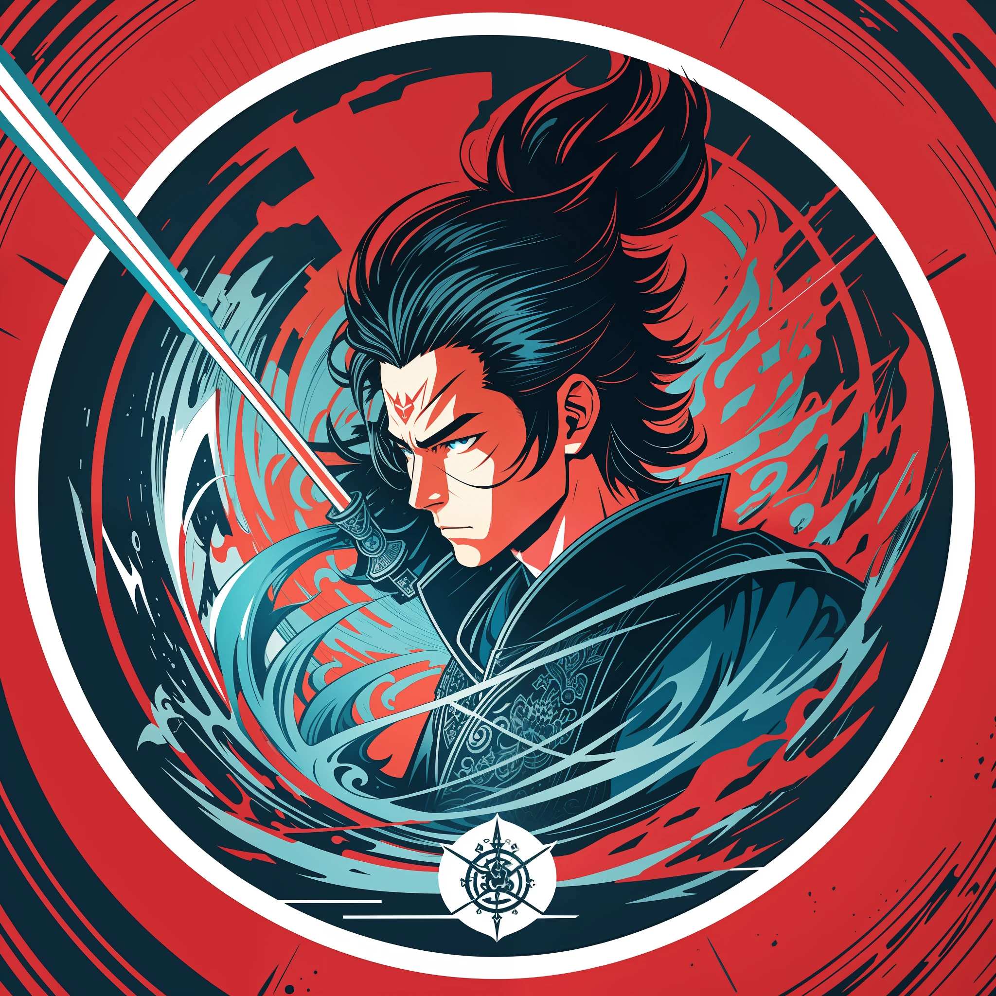 [Samurai with light blue Japan sword] circular heraldic silhouette, logo masking style illustration, Dan Mumford, Greg Lutkowski, James Jean, black background, fantasy art, mysterious, realistic, majestic, rich vivid colors, high contrast, seamless water brand, art station, deviant art, dribbling, red bubble, Tee public, sharp focus, simple, hyper detail, detailed drawing, vectorization, outline, isometric style, 8k.