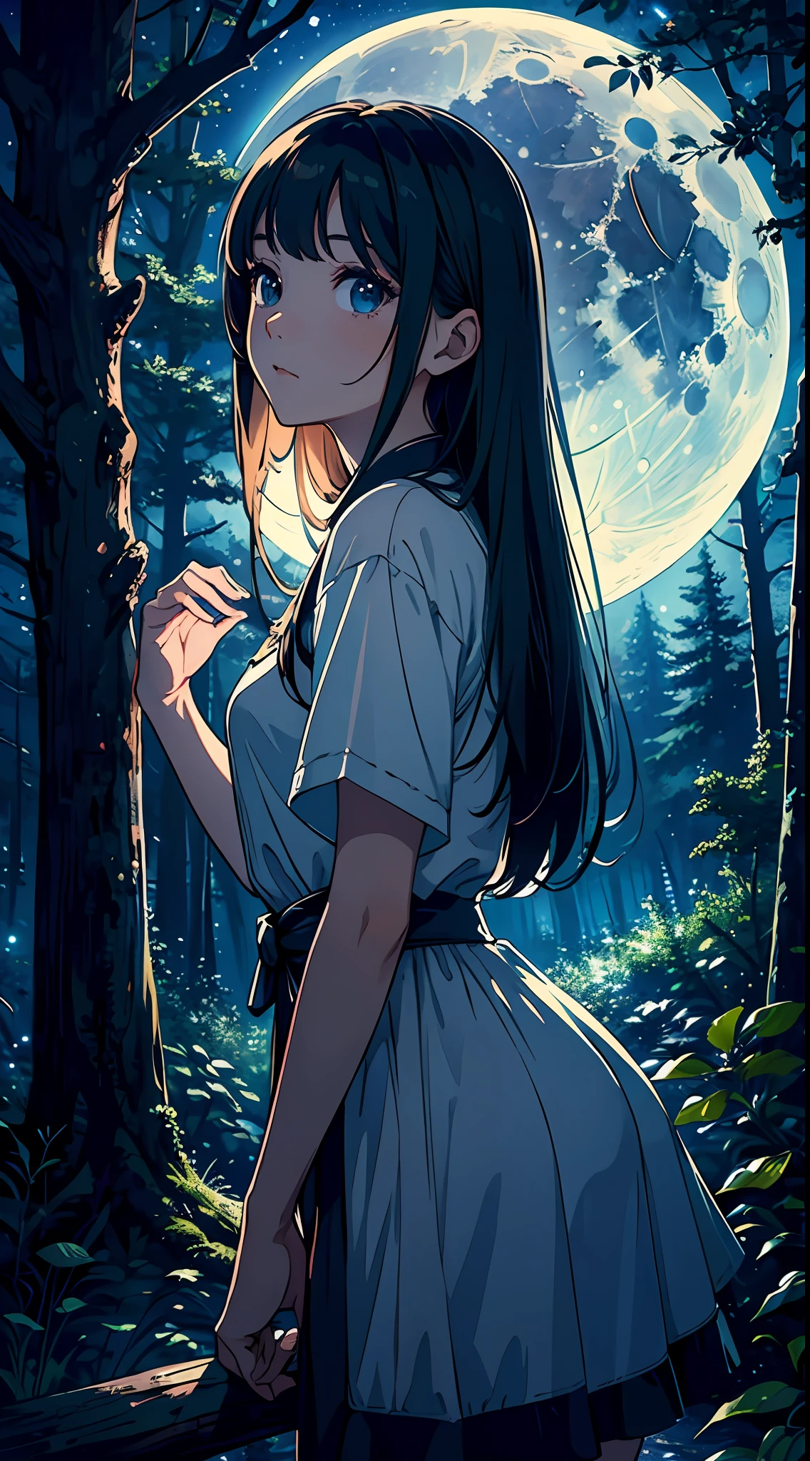 (masterpiece), (best quality), (ultra detailed creation), forest, starry sky, full moon , (girl looking at moon), far away