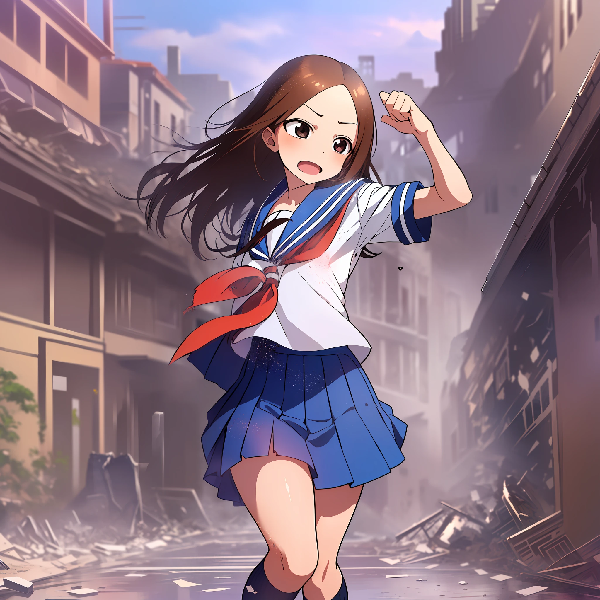 (Masterpiece, Superb Quality, Super Detailed, High Resolution), Female Focus, Elementary School Student, Happy Expression, (Japanese School Uniform), ((((solo)), (A punch shattered the building and left a hole), Fist posture, (Running in the city), Anger, Background details