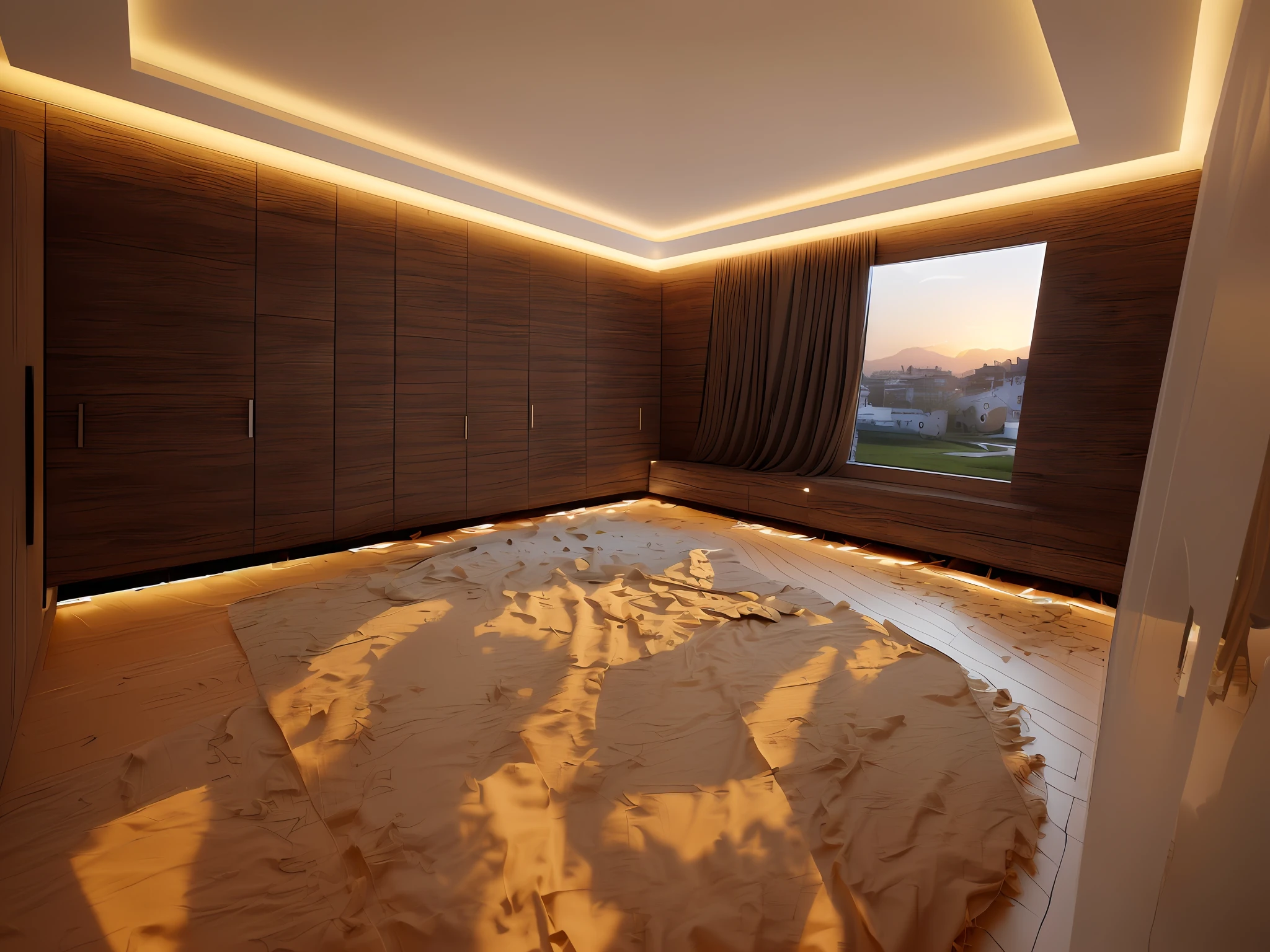 An authentic, high-quality masterpiece of a modern interior design captures a brilliantly detailed, brilliantly detailed bedroom with a bed, a soft rug on the floor, a curtained window , around the wall are arranged cabinets to make full use of space, all are immersed in natural daylight thanks to vray