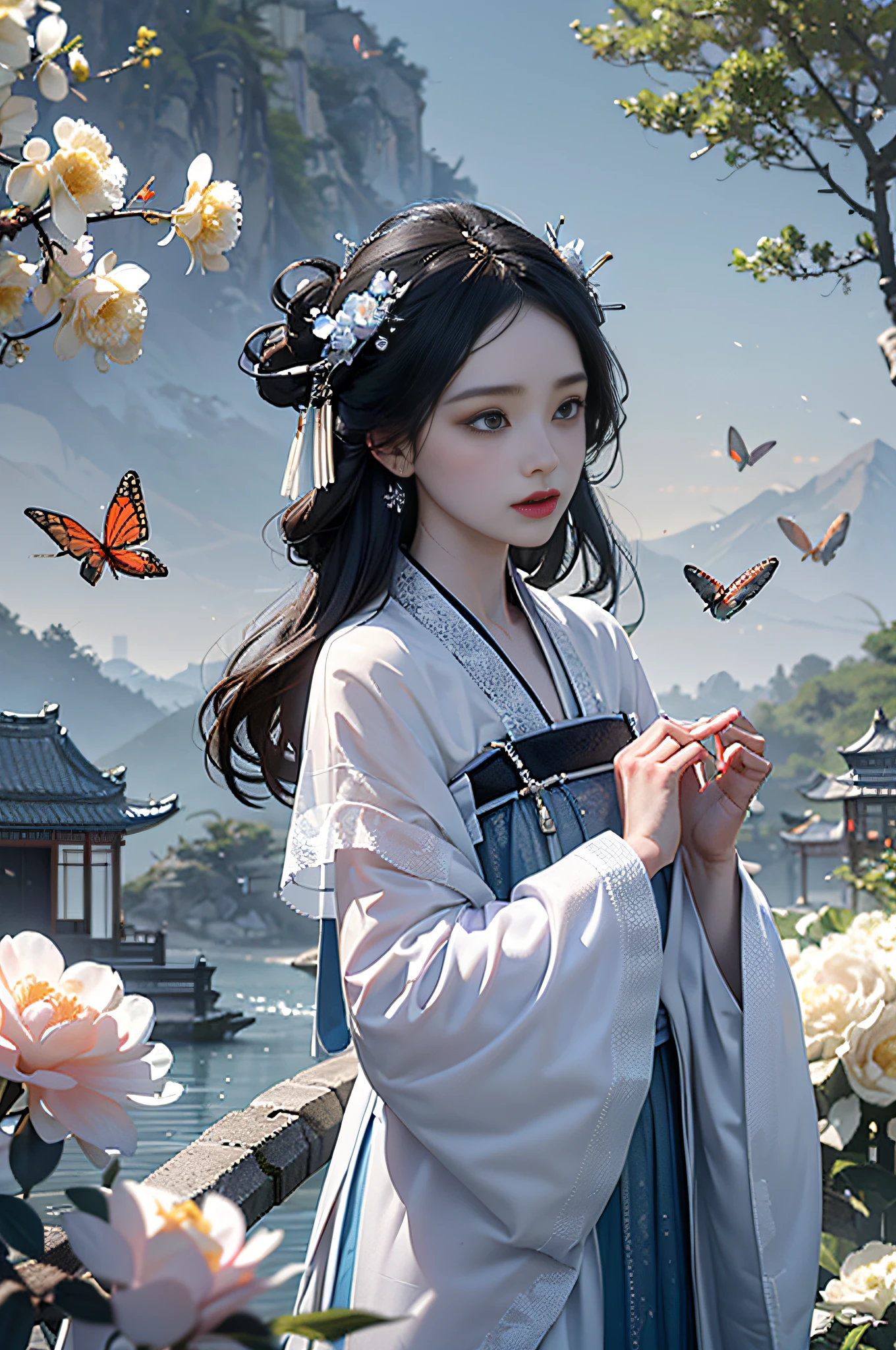 official art, Unity 8k wallpaper, super detailed, beautiful, beautiful, masterpiece, best quality, mystery, romanticism, horror, literature, art, fashion, tang dynasty era, decoration, intricate, embroidery, blue hanfu, white tulle coat, 1 girl, black hair, peony hairpin, sad, fatalistic, bust composition, dramatic composition, movie lighting, dynamic perspective, full of temptation, white flowers, blue flowers, red flowers, butterflies flying, Chinese dynasty garden background, hazy, foggy, dramatic composition,