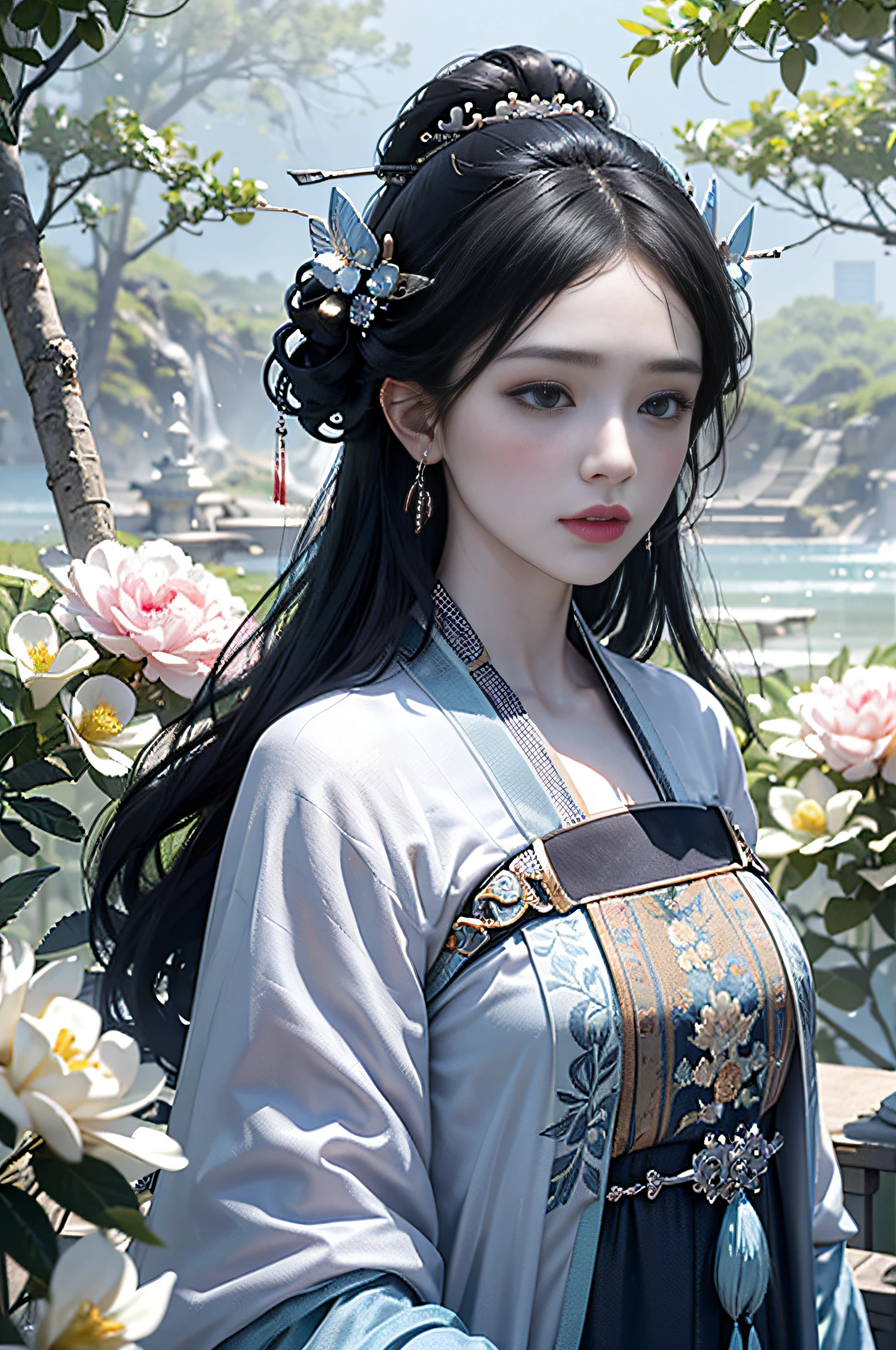 official art, Unity 8k wallpaper, super detailed, beautiful, beautiful, masterpiece, best quality, mystery, romanticism, horror, literature, art, fashion, tang dynasty era, decoration, intricate, embroidery, blue hanfu, white tulle coat, 1 girl, black hair, peony hairpin, sad, fatalistic, bust composition, dramatic composition, movie lighting, dynamic perspective, full of temptation, white flowers, blue flowers, red flowers, butterflies flying, Chinese dynasty garden background, hazy, foggy, dramatic composition,