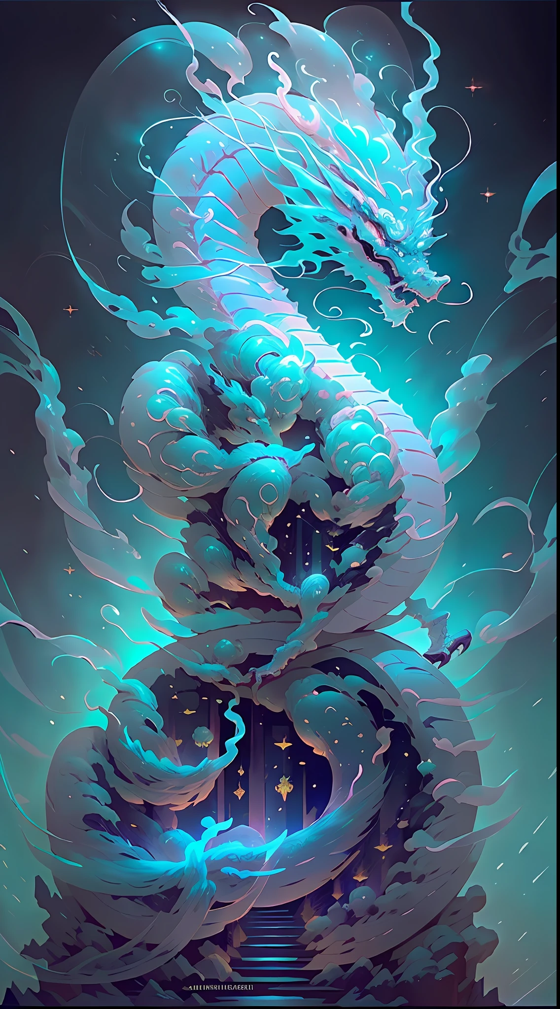 "An ethereal glowing Oriental dragon coiled around some ancient stone pillars on the Great Wall of China under a moonlit sky (full moon:1.2), (star-filled sky:1.3). The dragon is made of smoky jade and sporadically erupts in emerald green flames, (translucent:1.3, glowing:1.5), (hyperdetailed:1.1). Artist style referencing to Feng Zhengjie and contemporary digital art"