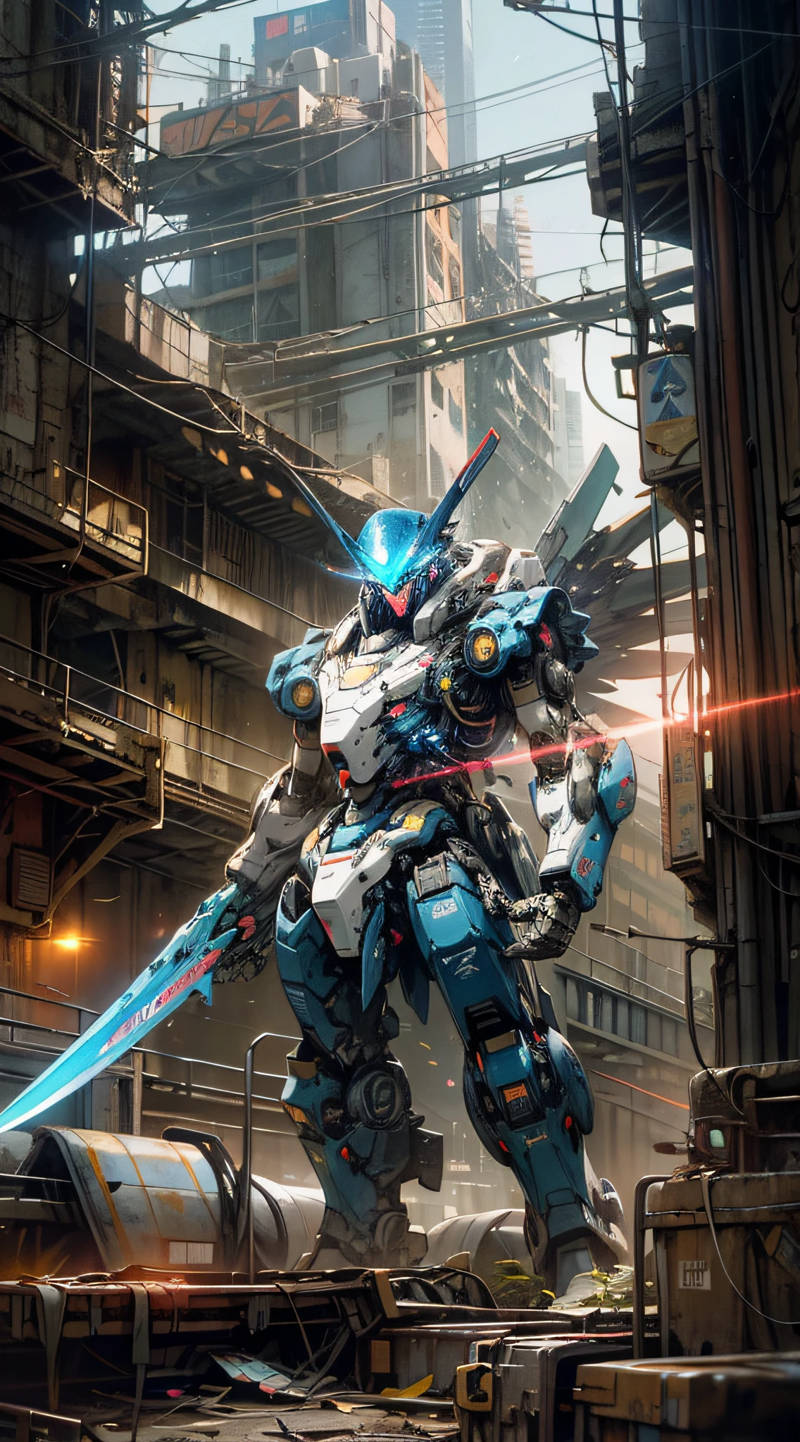 On earth,barren planets, ruins, holding_weapon, glowing wing, robot, building, glowing_eyes,blue red yellow mecha, science_fiction, city, realistic,mecha,Milky Way Galaxy background,neon,cyberpunk, Philippine flag, fighting an alien cloverfield