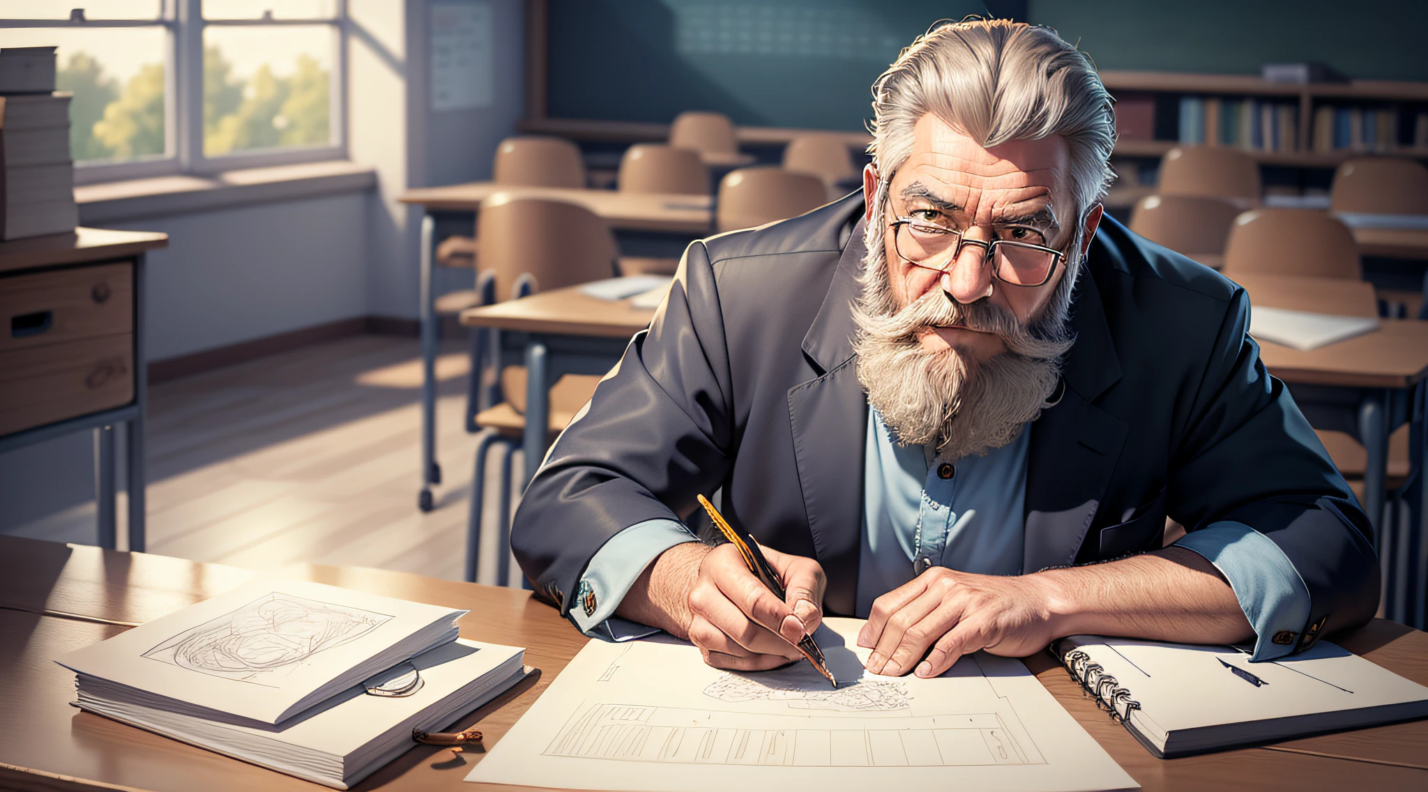 Drawing, ultra realistic, 8k, extremely detailed, in the best quality, a man, looking 50 years old, teacher, with beard, and glasses, in a classroom, on his desk, with some small stones on his desk.