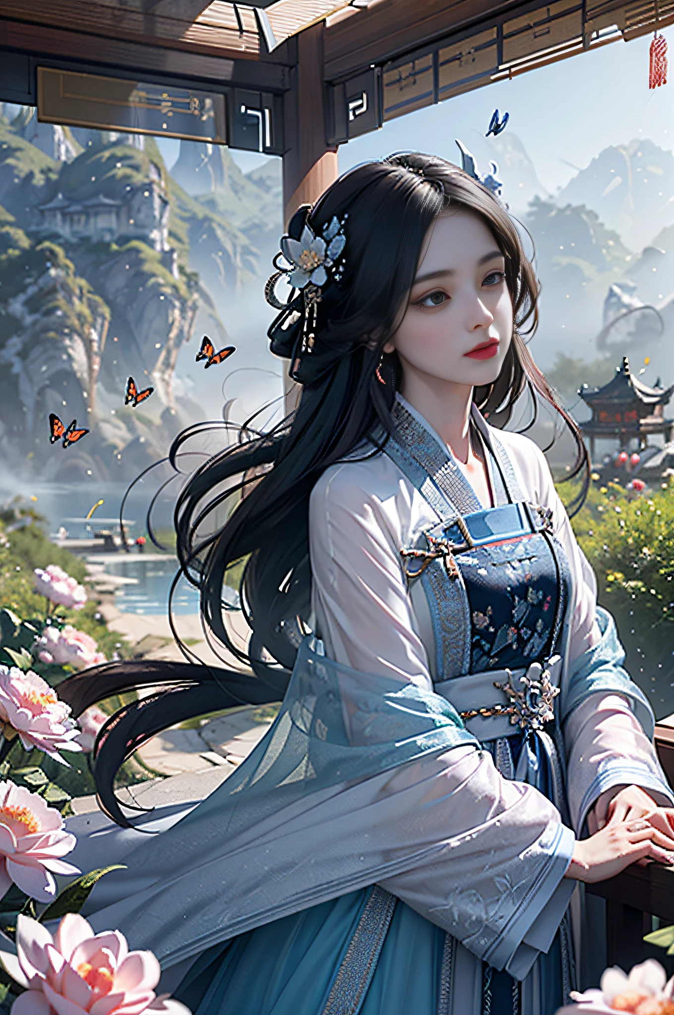 official art, Unity 8k wallpaper, super detailed, beautiful, beautiful, masterpiece, best quality, mystery, romanticism, horror, literature, art, fashion, tang dynasty era, decoration, intricate, embroidery, blue hanfu, white tulle coat, 1 girl, black hair, peony hairpin, sad, fatalistic, bust composition, dramatic composition, movie lighting, dynamic perspective, full of temptation, white flowers, blue flowers, red flowers, butterflies flying, Chinese dynasty garden background, hazy, foggy, dramatic composition,