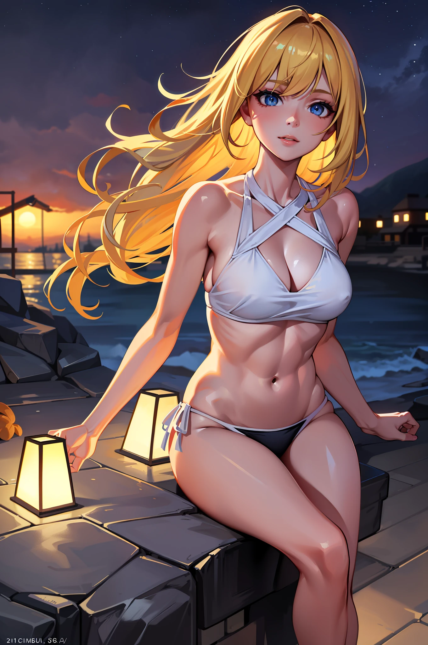 ((Realistic Lighting, Best Quality, 8K, Masterpiece: 1.3)), Clear Focus: 1.2, 1girl, Perfect Figure: 1.4, Slim Abs: 1.1, (Blonde Hair)), (White Crop Top: 1.4), (Outdoor, Night: 1.1), Beach, Girl on a Stone, Bikini, Nuts Under a Bikini, Super Beautiful Face, Beautiful Eyes, Double Eyelids,