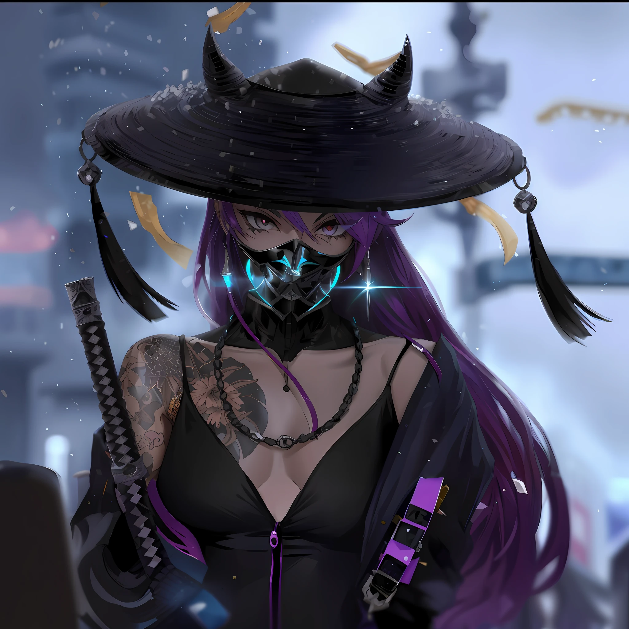 anime girl with purple hair wearing a black hat and a black mask, badass anime 8 k, anime style 4 k, anime style. 8k, best anime 4k konachan wallpaper, anime wallpaper 4 k, anime wallpaper 4k, anime art wallpaper 4 k, anime art wallpaper 4k, anime art wallpaper 8 k, 8k high quality detailed art