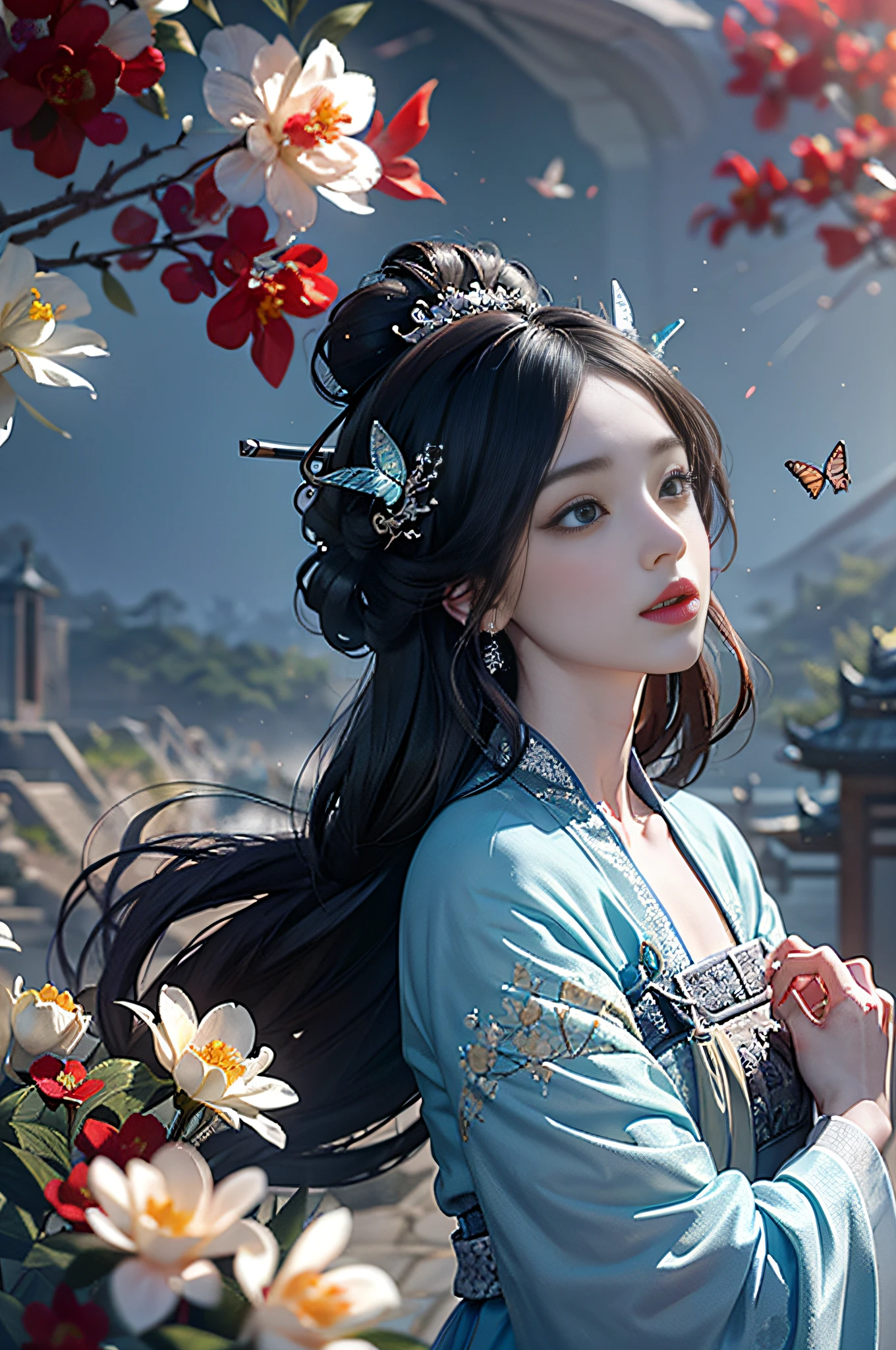 official art, Unity 8k wallpaper, super detailed, beautiful, beautiful, masterpiece, best quality, mystery, romanticism, horror, literature, art, fashion, tang dynasty era, decoration, intricate, embroidery, blue hanfu, white tulle coat, 1 girl, black hair, peony hairpin, sad, fatalistic, bust composition, dramatic composition, movie lighting, dynamic perspective, full of temptation, white flowers, blue flowers, red flowers, butterflies flying, Chinese dynasty garden background, hazy, foggy, dramatic composition,