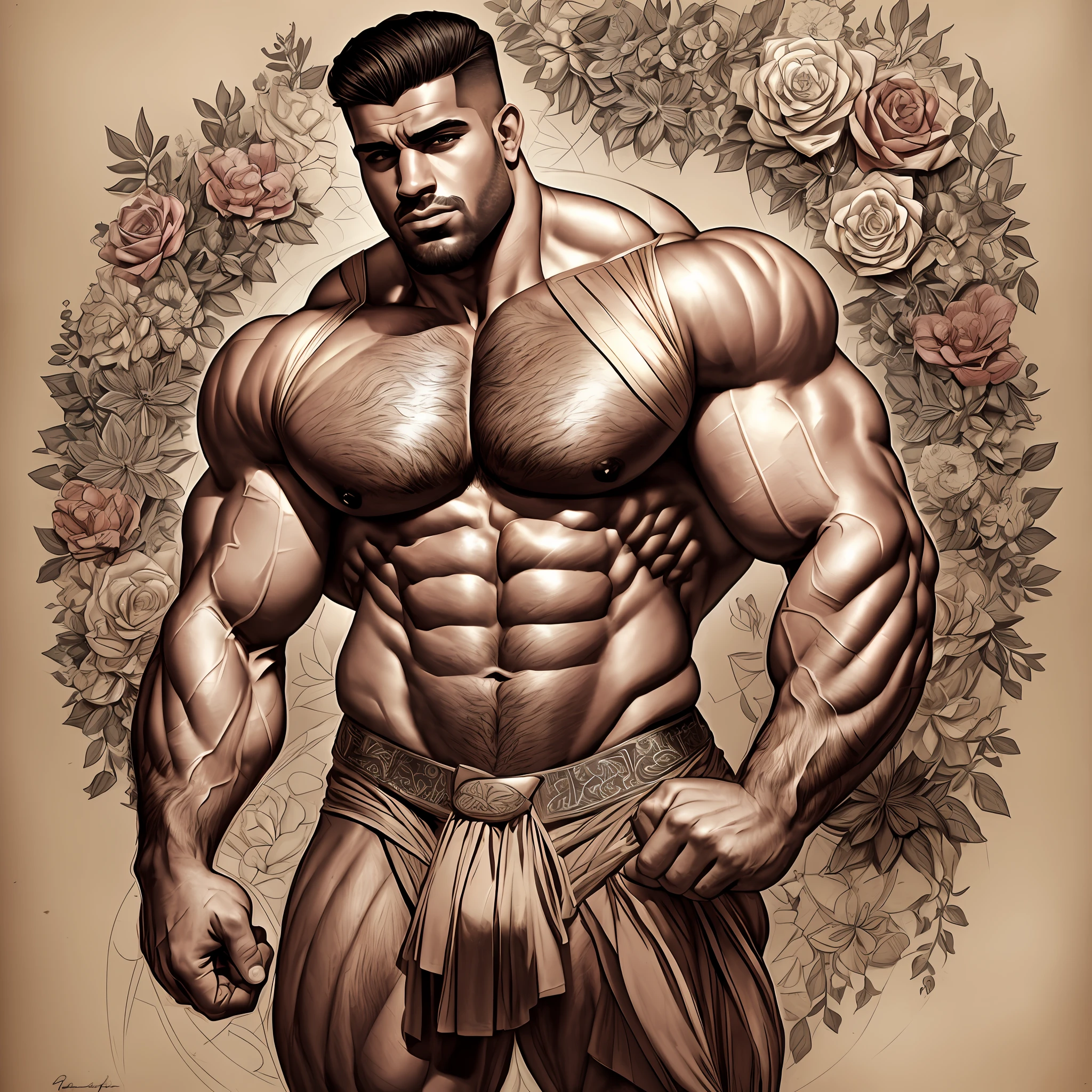Charlie Bowater realistic Lithography sketch full body portrait of a muscular bodybuilder arabic man (((double cleft-chin))), oversized pectorals, oversized triceps, oversized biceps, thick hands, erect, bulge in crotch, flowers, multi-colored ribbons, old paper texture, highly detailed, vivid colors --auto --s2