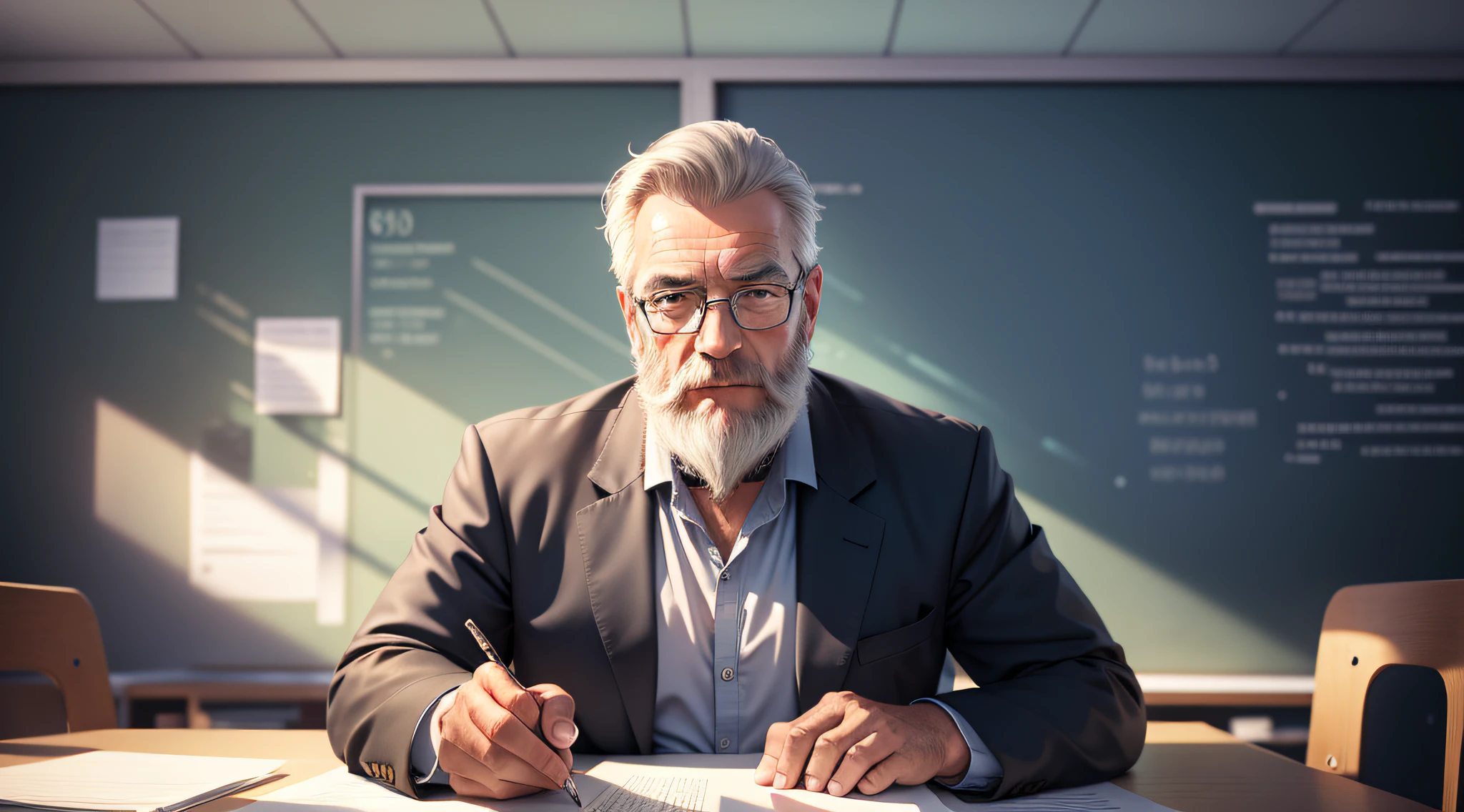 Drawing, ultra realistic, 8k, extremely detailed, in the best quality, a man, looking 50 years old, teacher, with beard, and glasses, in a classroom, sitting at a desk, on top of the table an empty glass leak.