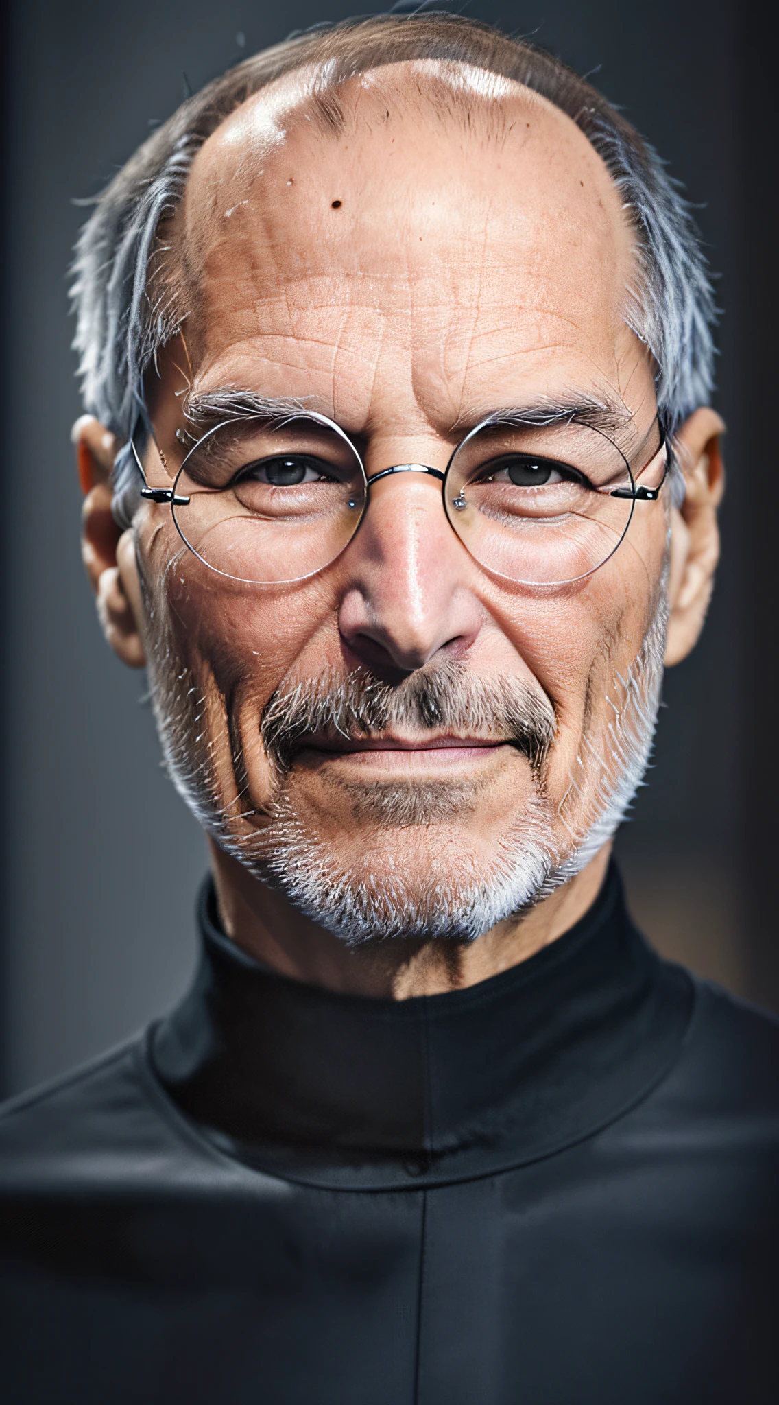 Old male, 1man, very Steve Jobs, thin, drawn, confident, generous, frowning, smile, no hair, black turtleneck shirt, simple framed glasses, front look, portrait, 4k, high-res, masterpiece, best quality, sharp focus, cinematic lighting, lighting behind, --auto --s2