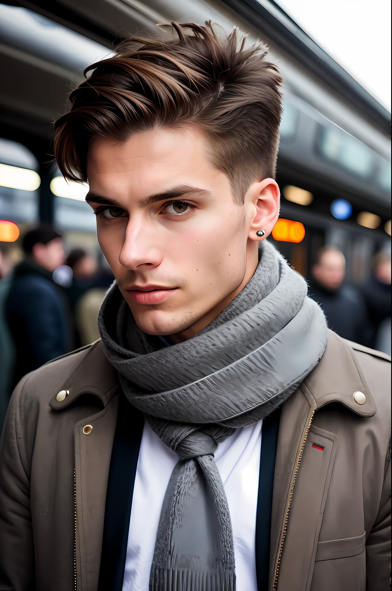 best quality, ultra photorealistic, photorealism, 8k, photograph, photo of a young man, jacket, ear studs, gray scarf, sweater, short windswept light brown hair, fit, beautiful, (effeminate), (shaved), eyeliner, standing in a train station, background is a crowded street, overcast, artificial lights, detailed face and eyes, highly detailed skin, 8k uhd, sharp focus, professional, best quality